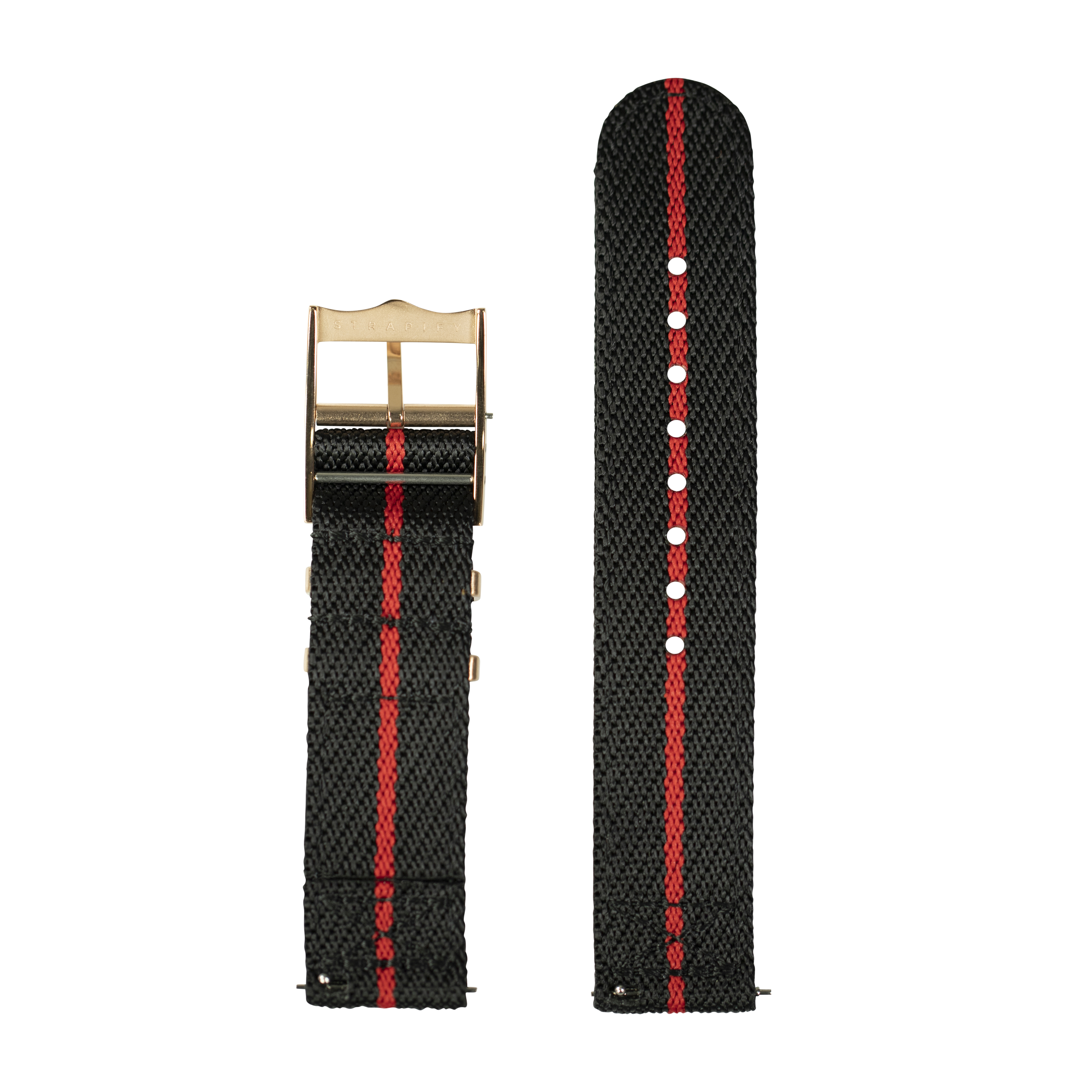 Black and red cross-woven military strap with rose gold hardware for Fitbit Versa and Sense smartwatches