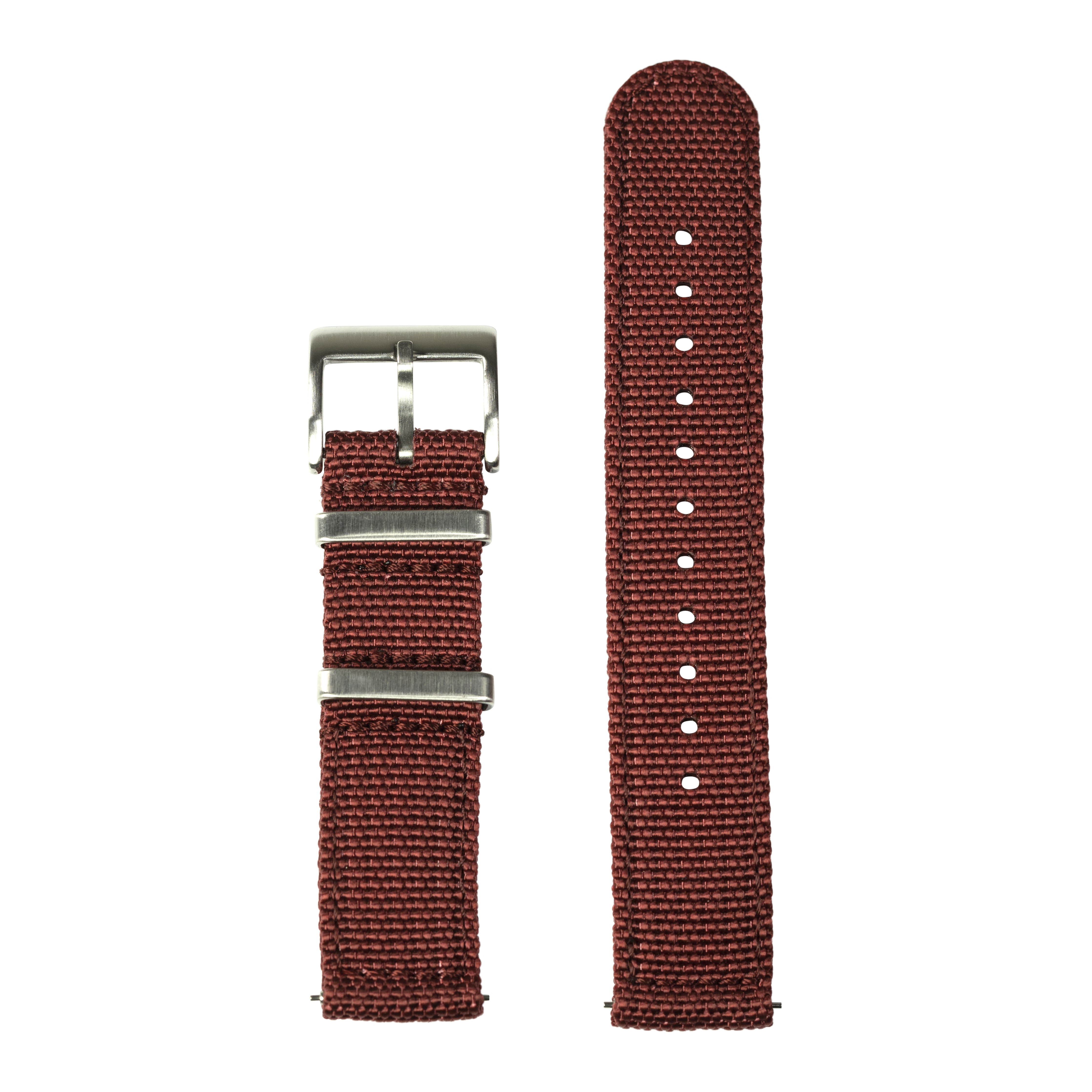 Red canvas quick release watch strap with brushed steel buckle and adjustment holes