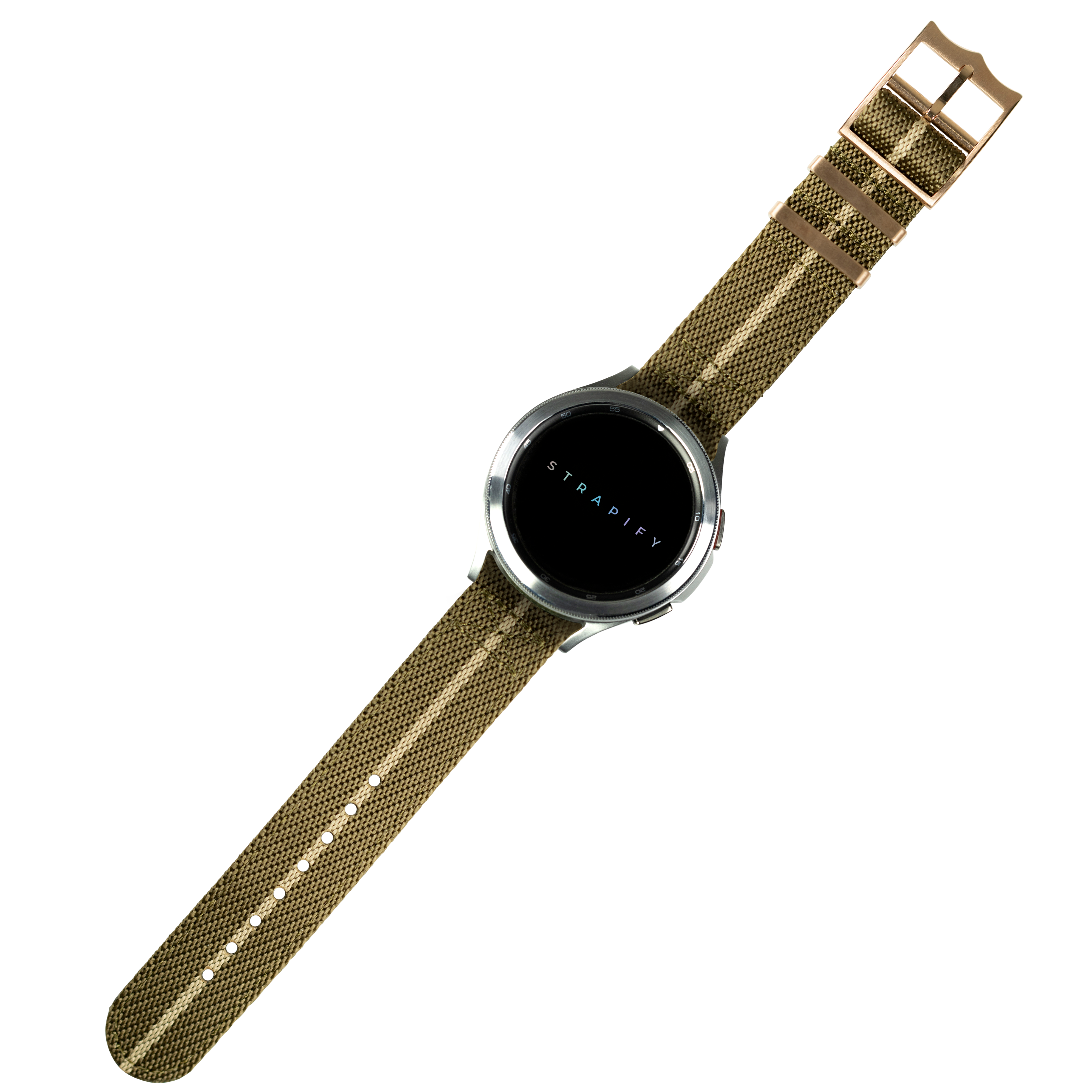 Smartwatch with round black dial displaying STRADIFY branding, stainless steel case, and khaki canvas fabric strap with rose gold buckle