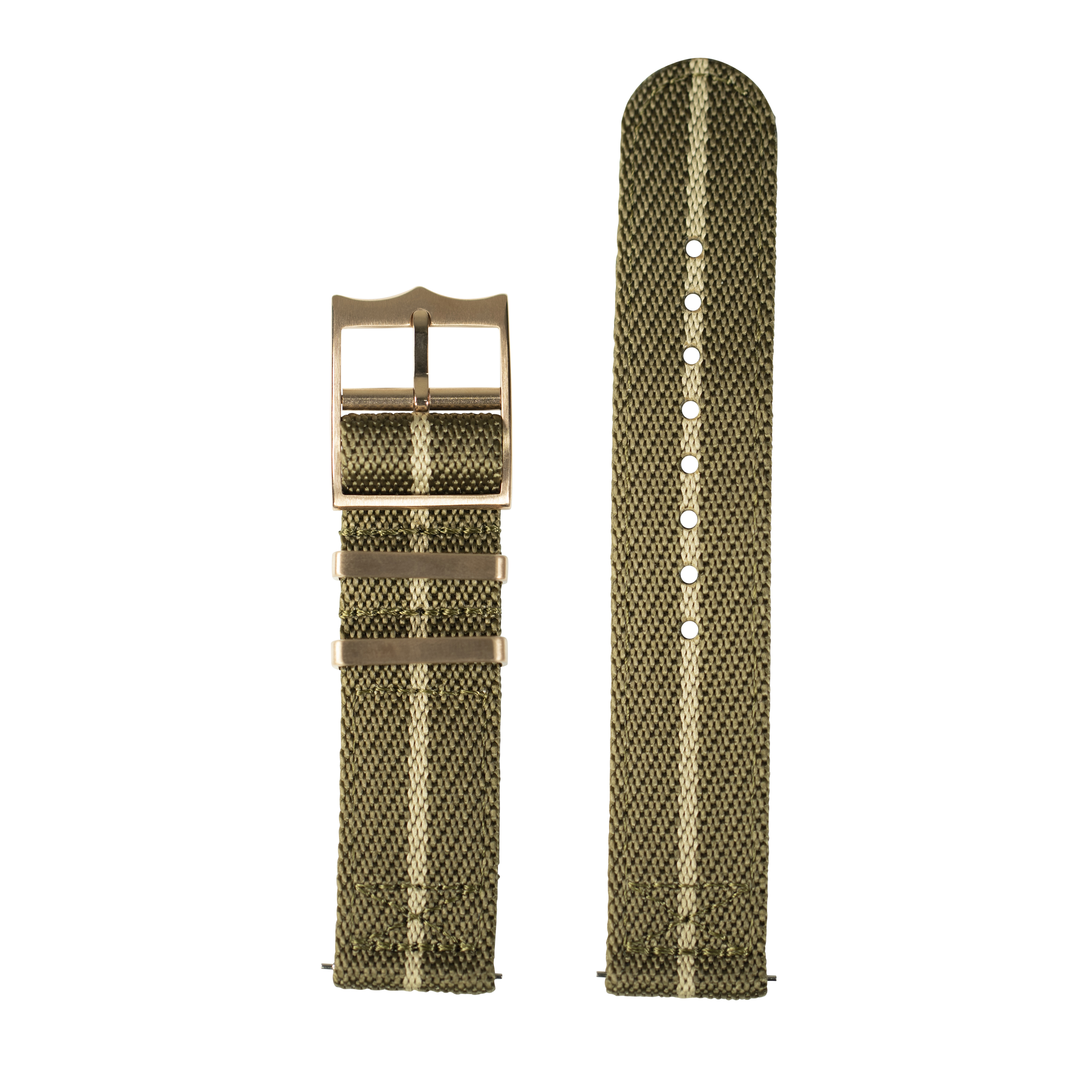 Olive green and wheat woven textile watch band with bronze buckle for Fitbit Versa and Sense smartwatches