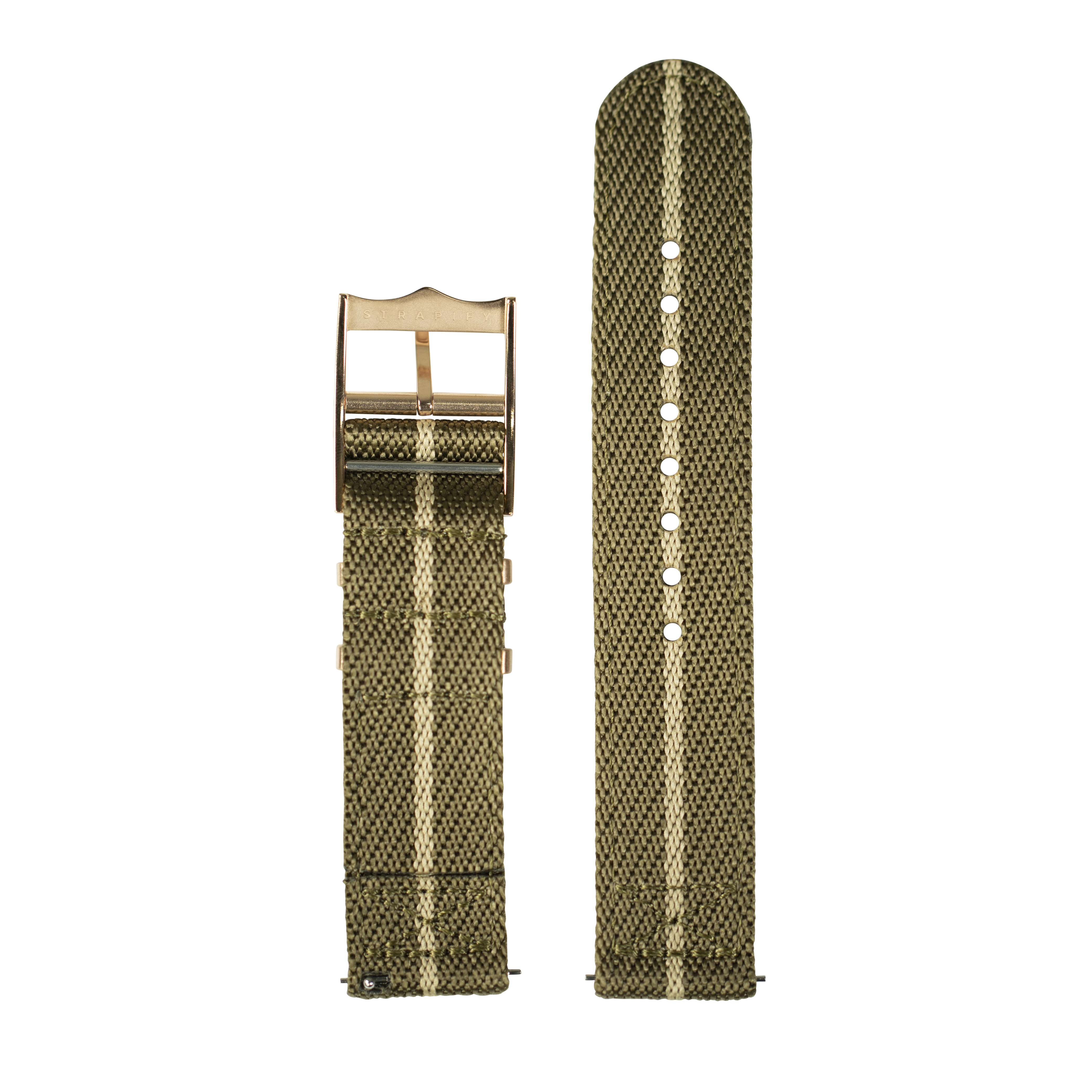 Olive green and wheat woven fabric watch band with bronze buckle for Fitbit Versa and Sense smartwatches, shown assembled and unrolled