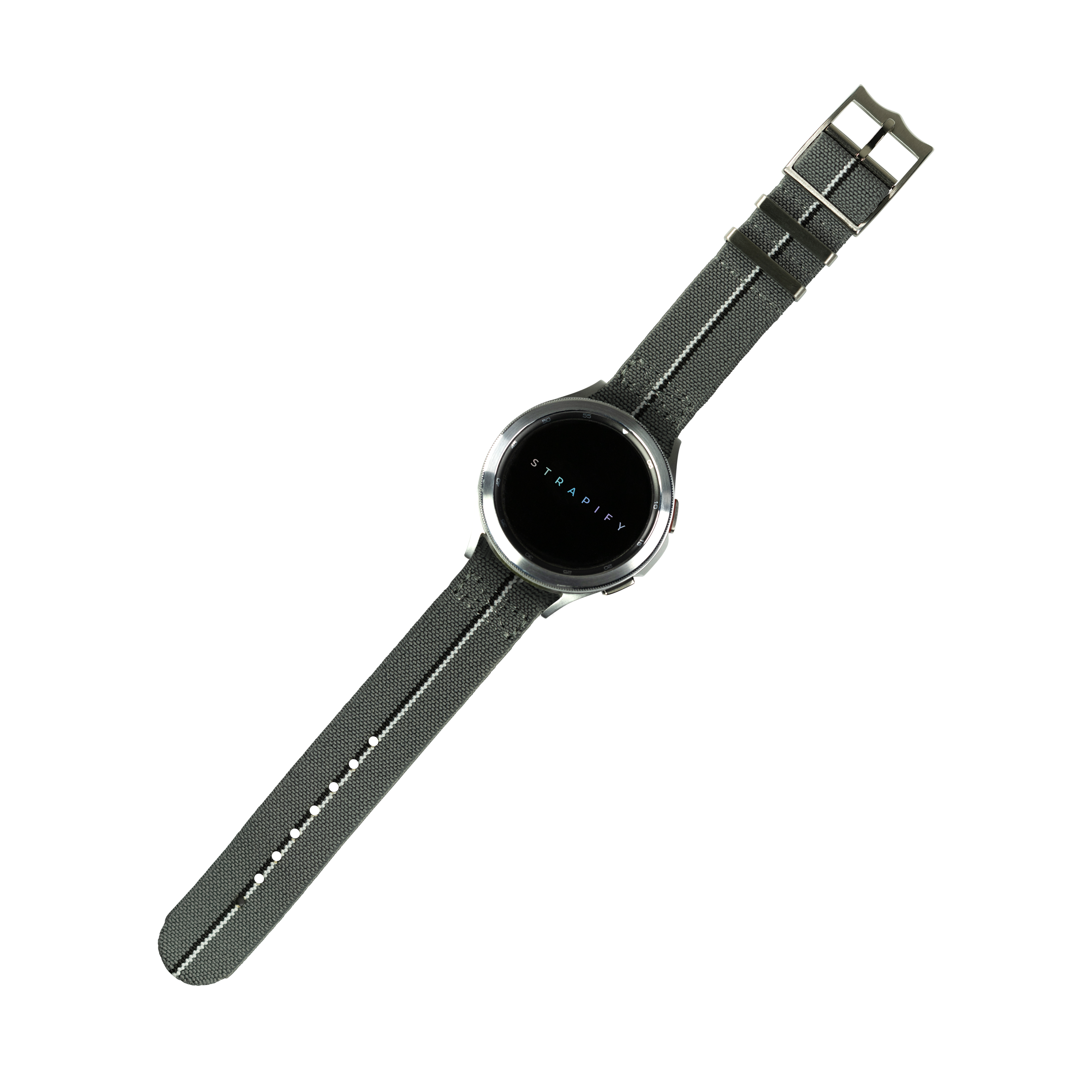 Stradify smartwatch with grey fabric strap and black circular dial, 22mm QuickFit ElastoFlex band