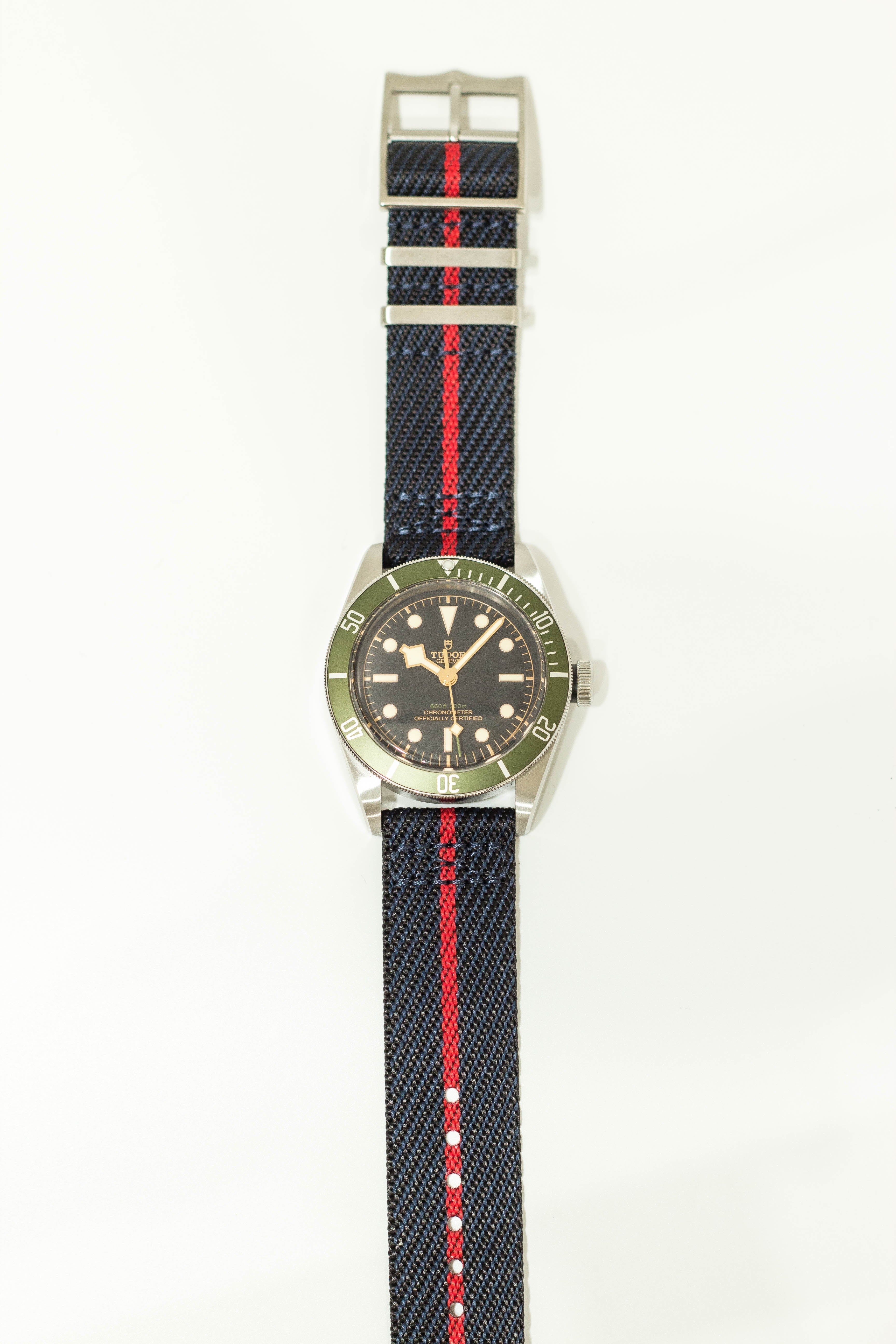 Night blue red cross NATO watch strap on watch