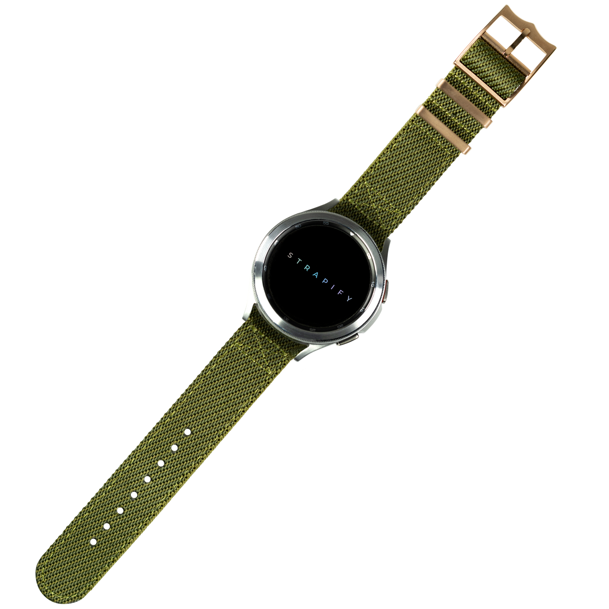 Strapify Cross Militex olive green and wheat fabric smartwatch band with bronze buckle for Fitbit Versa and Sense
