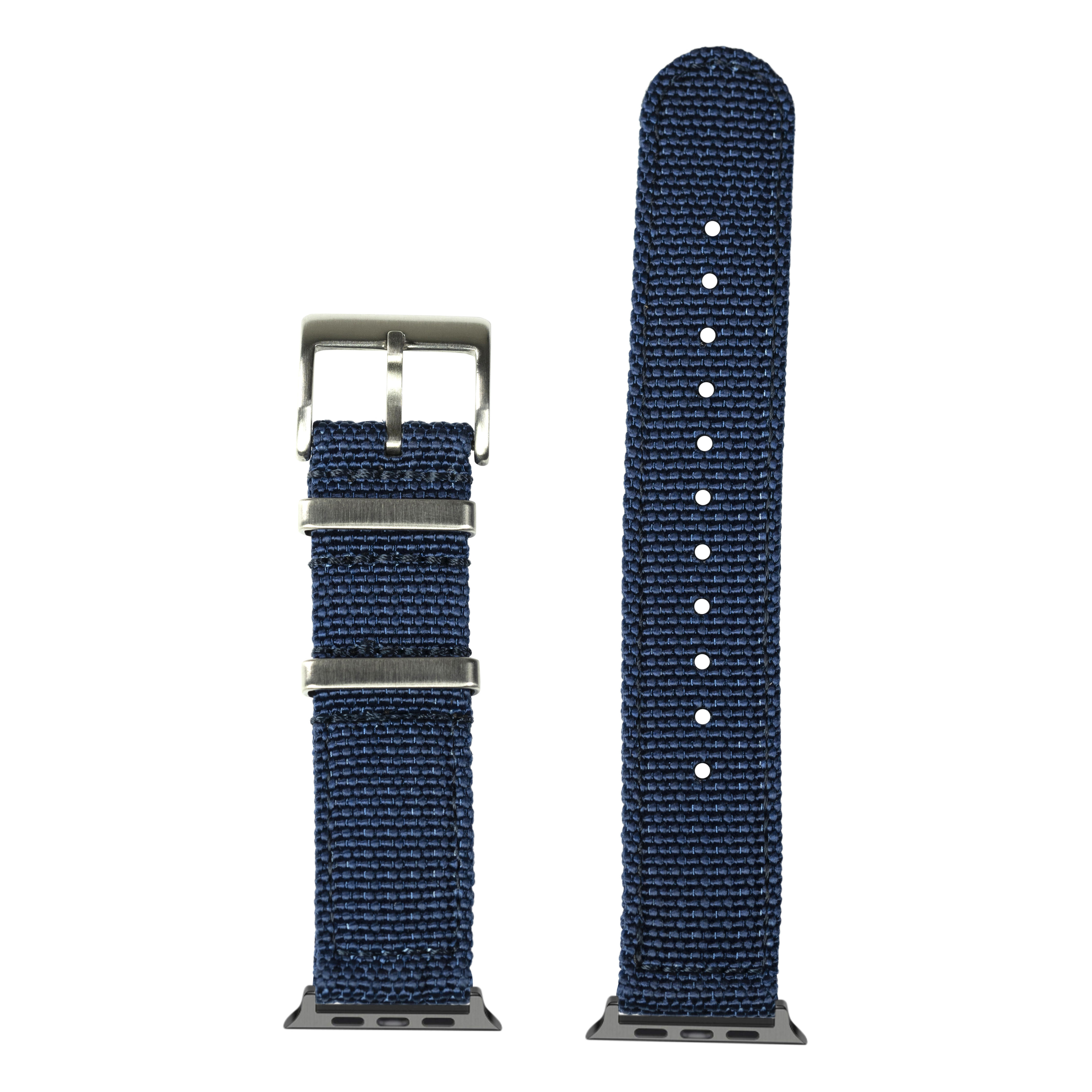 Navy blue woven nylon Apple Watch band with metal buckle and connector hardware, shown folded and unfolded