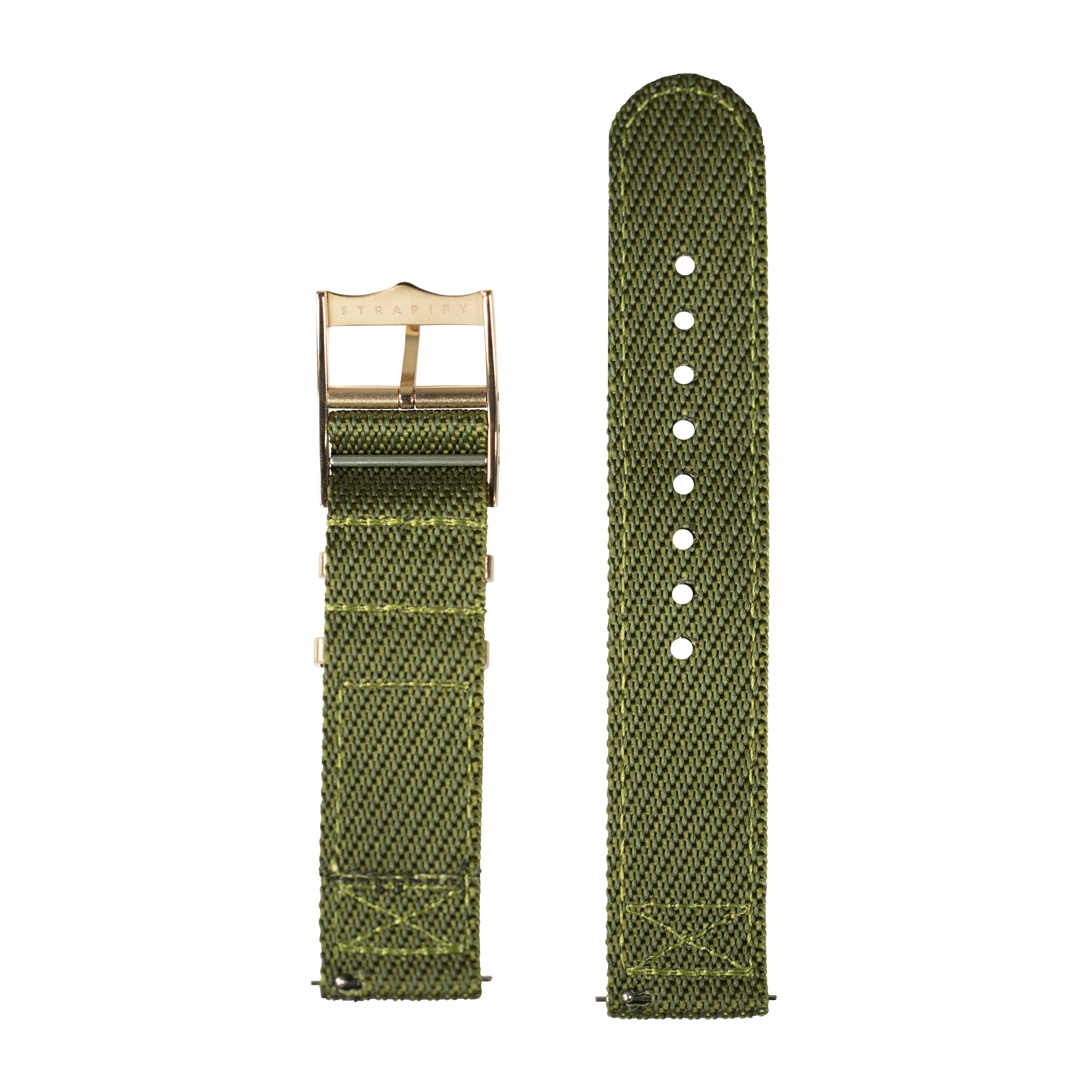 Olive green fabric watch band with rose gold buckle and adjustment holes for Fitbit Versa and Sense smartwatches