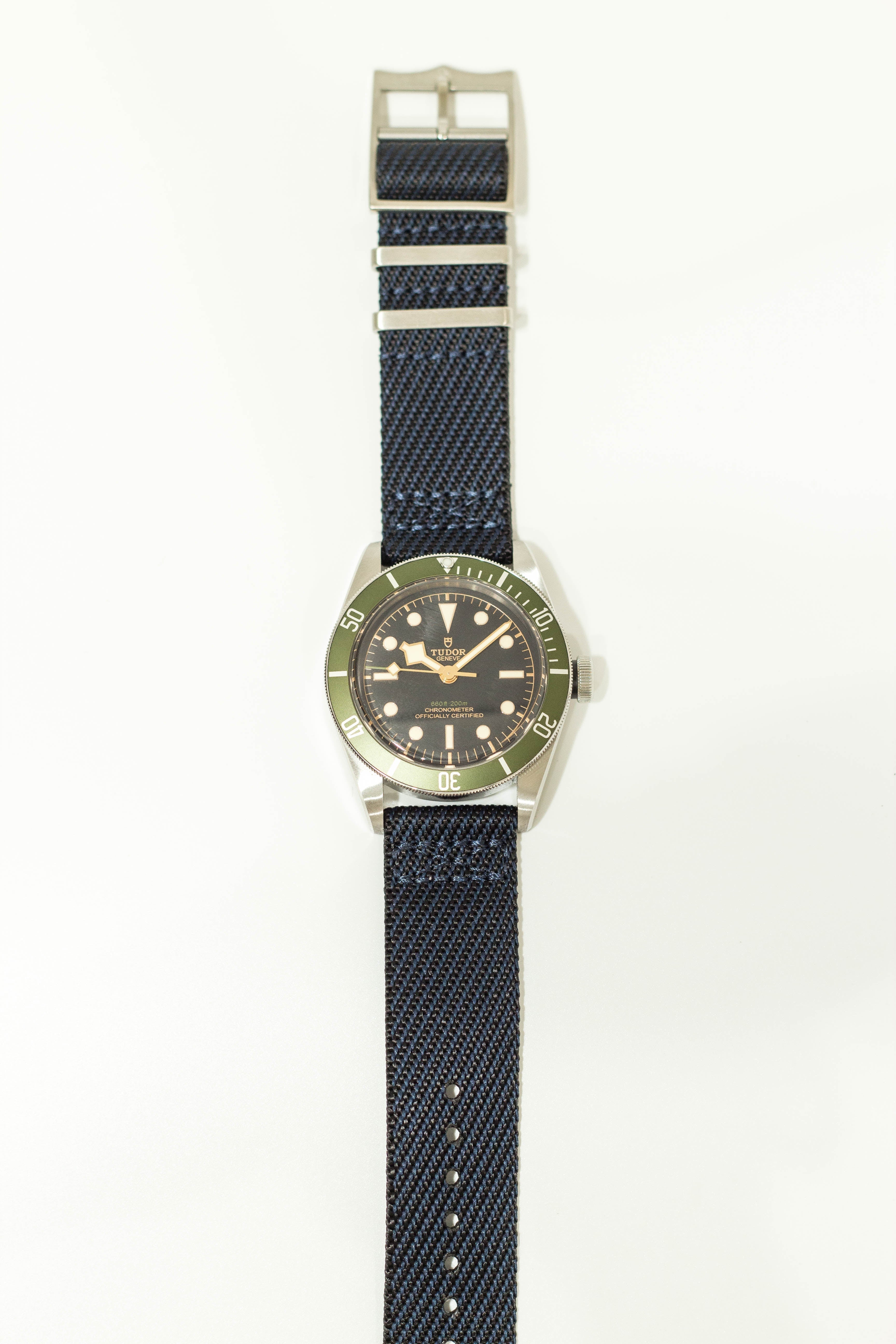 Night blue cross NATO watch strap on watch