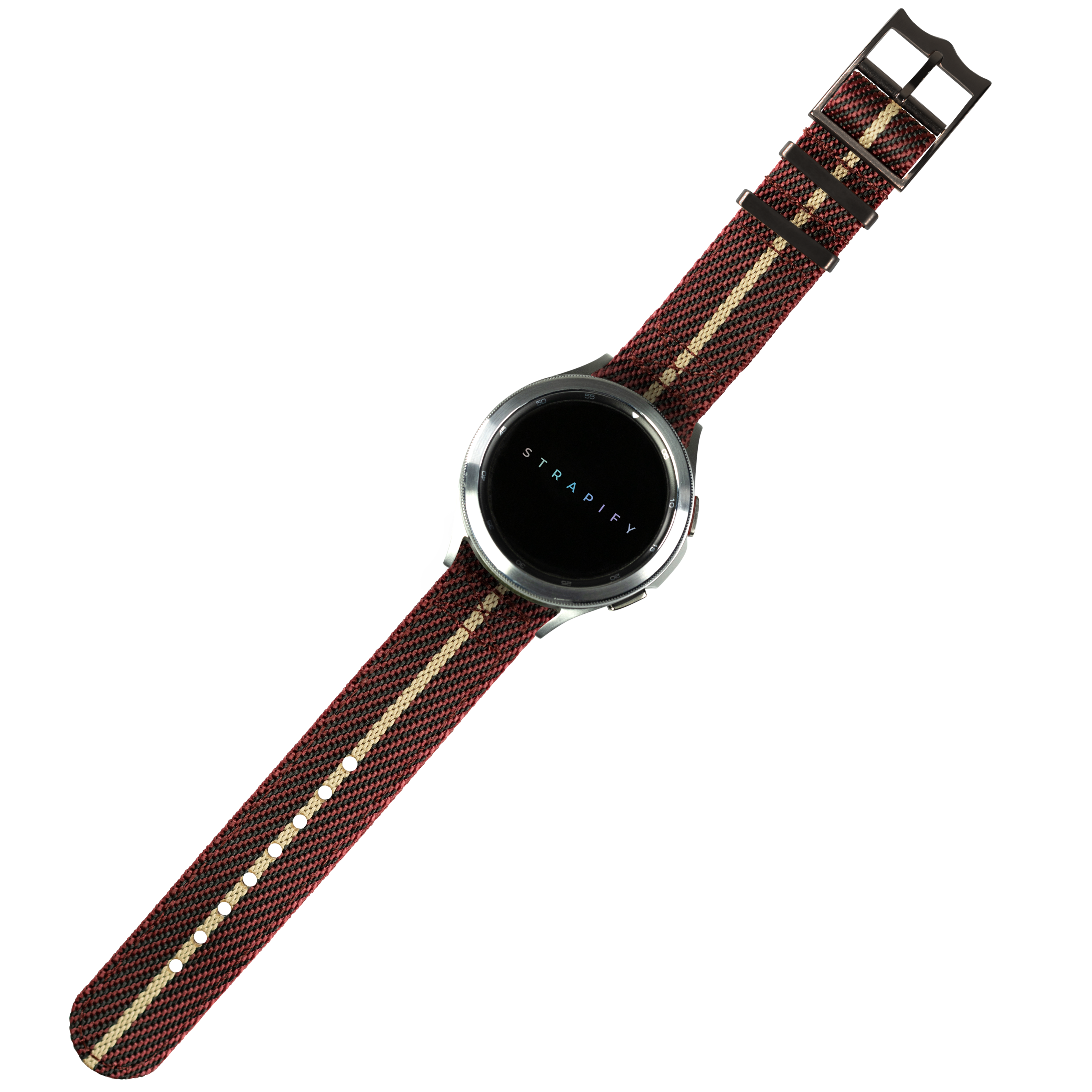 Stradify digital smartwatch with wine red and wheat striped fabric quick-release strap and black hardware