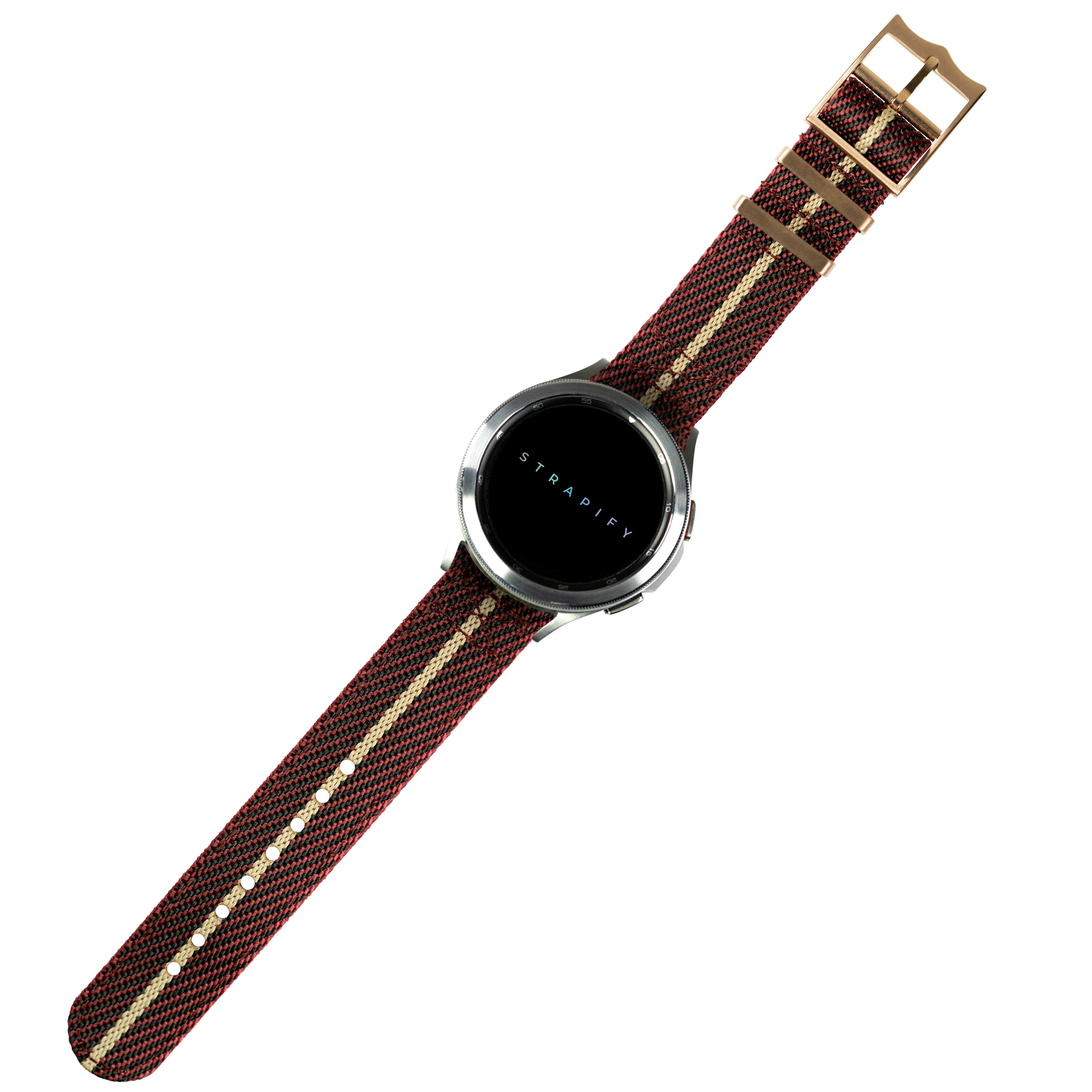 Stradify smartwatch with burgundy woven fabric strap and rose gold hardware buckle