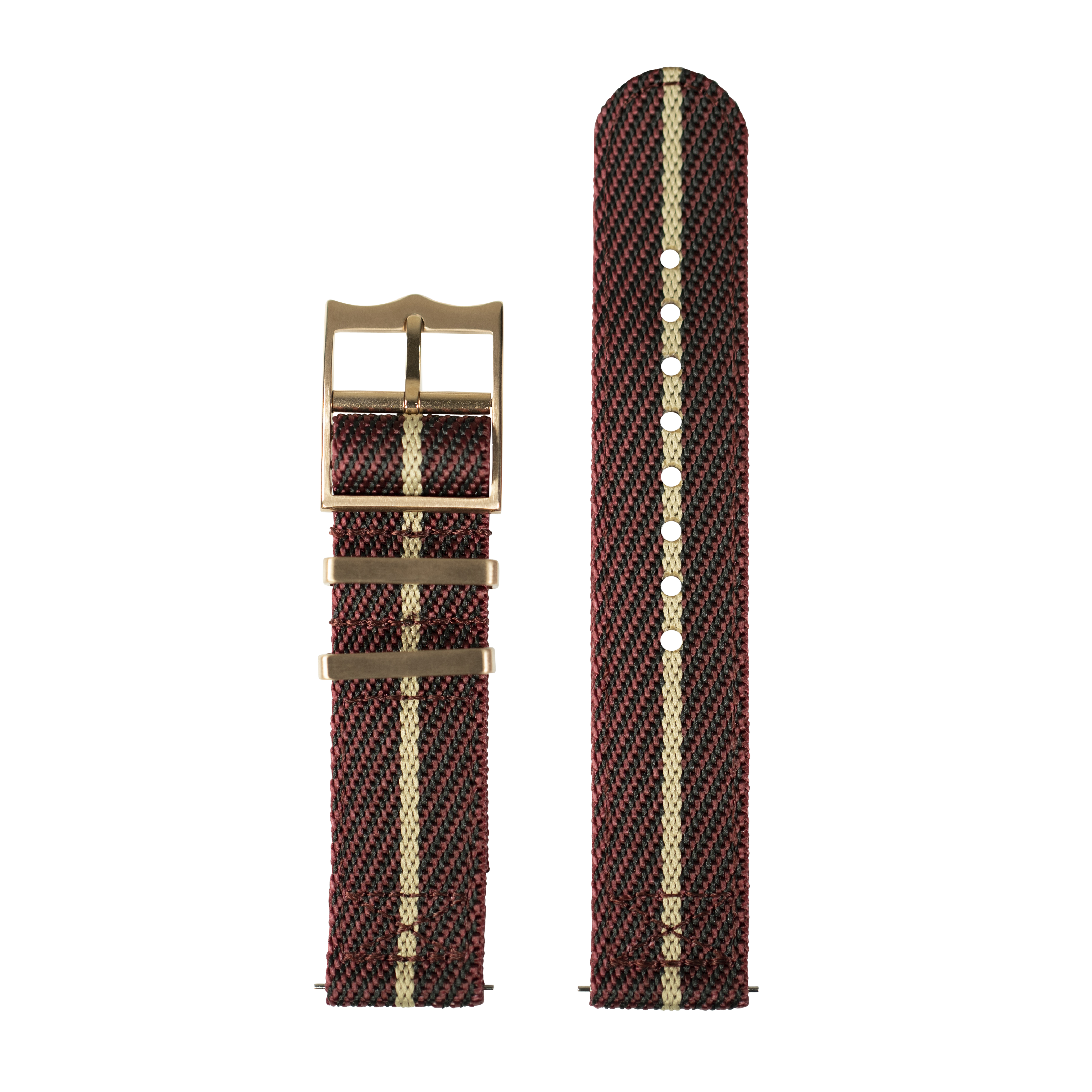 Red and wheat striped military fabric watch strap with rose gold buckle and hardware for Fitbit Versa and Sense smartwatches