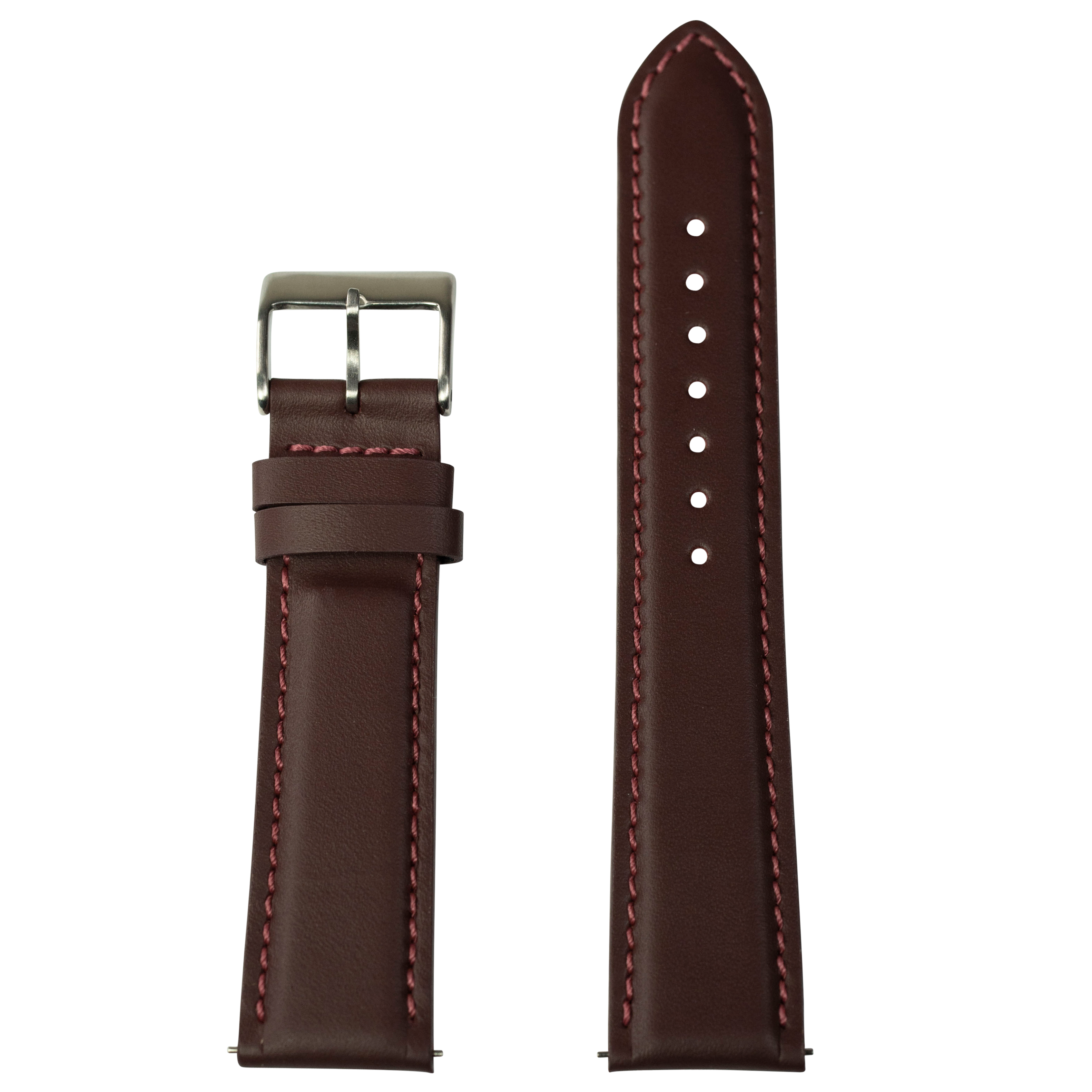 Dark brown leather watch band with burgundy contrast stitching, stainless steel buckle, and adjustable sizing holes