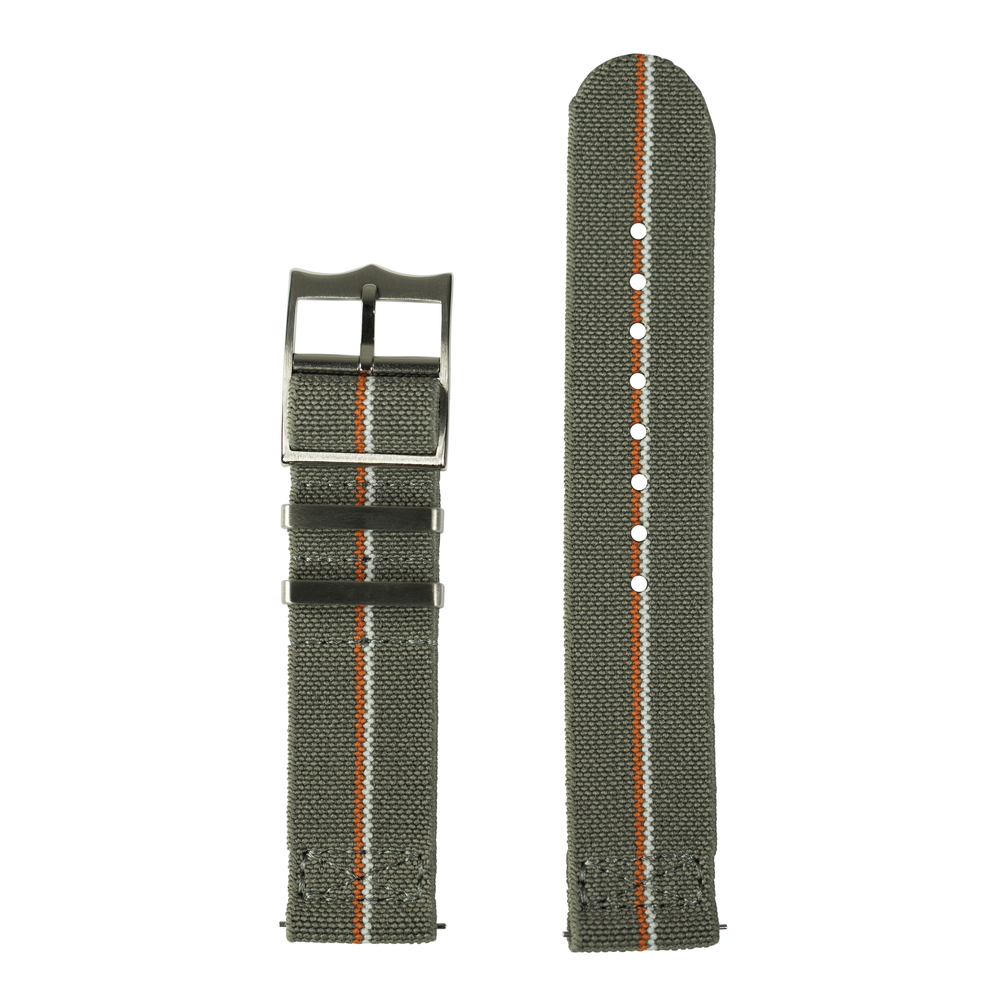 Grey canvas watch strap with orange stripe and metal buckle, 22mm quick-fit design