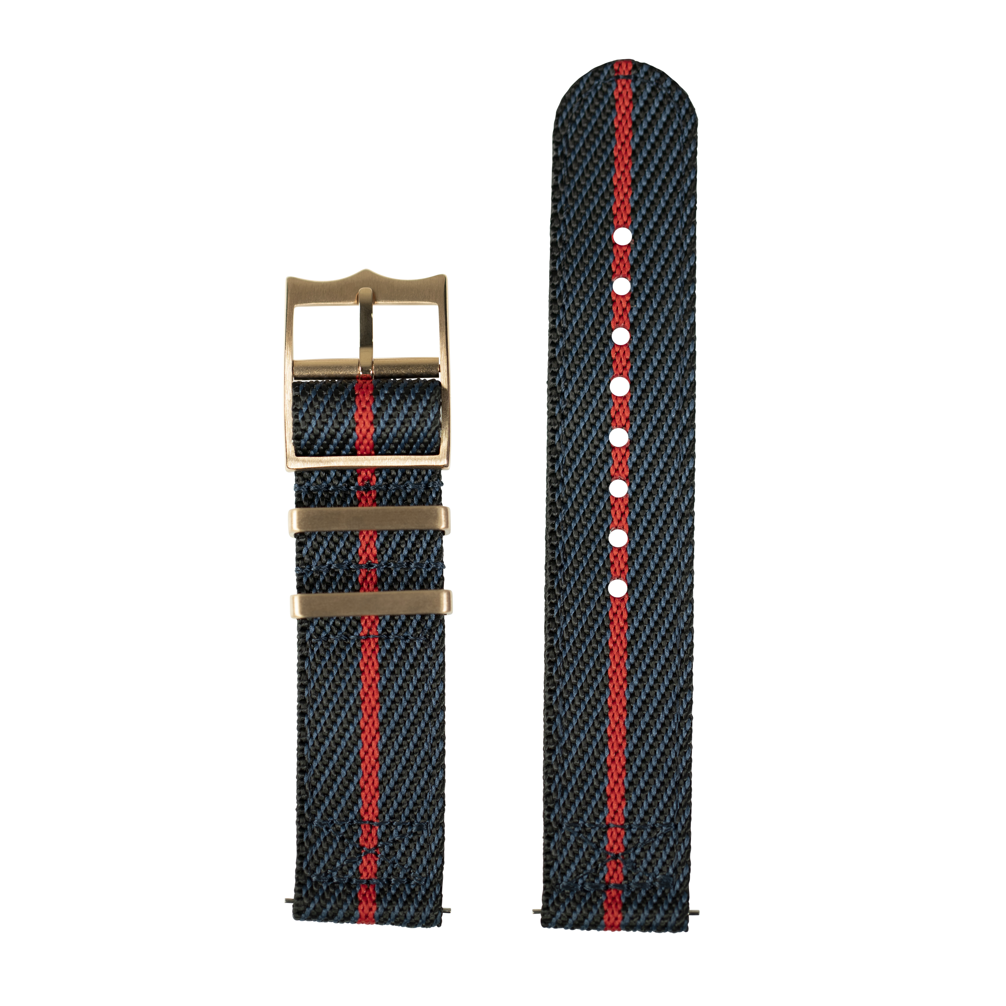 Military-style fabric watch band 26mm night blue red stripe with rose gold buckle hardware and quick-fit system