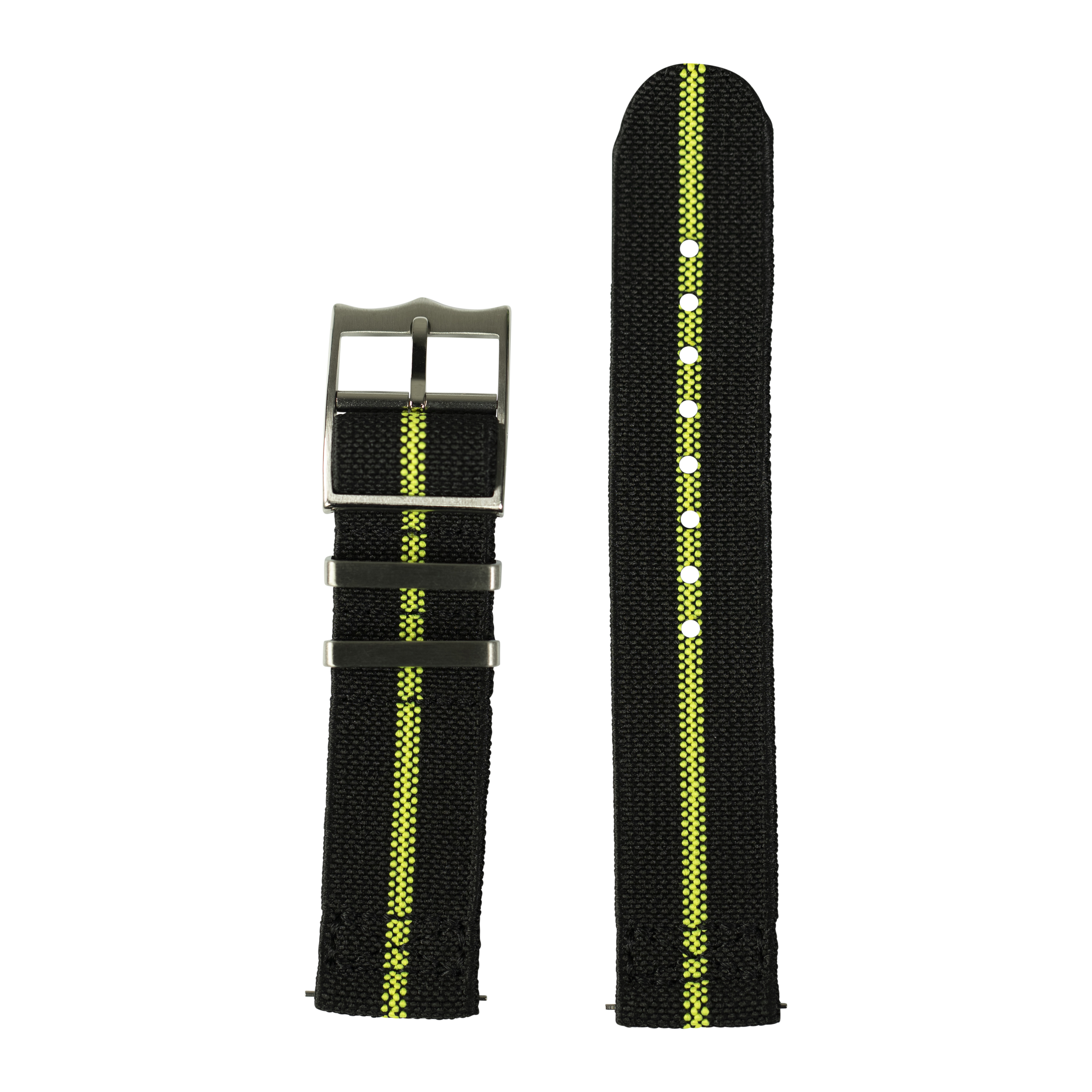 Black nylon watch band with fluorescent green center stripe and quick release buckle, 26mm width