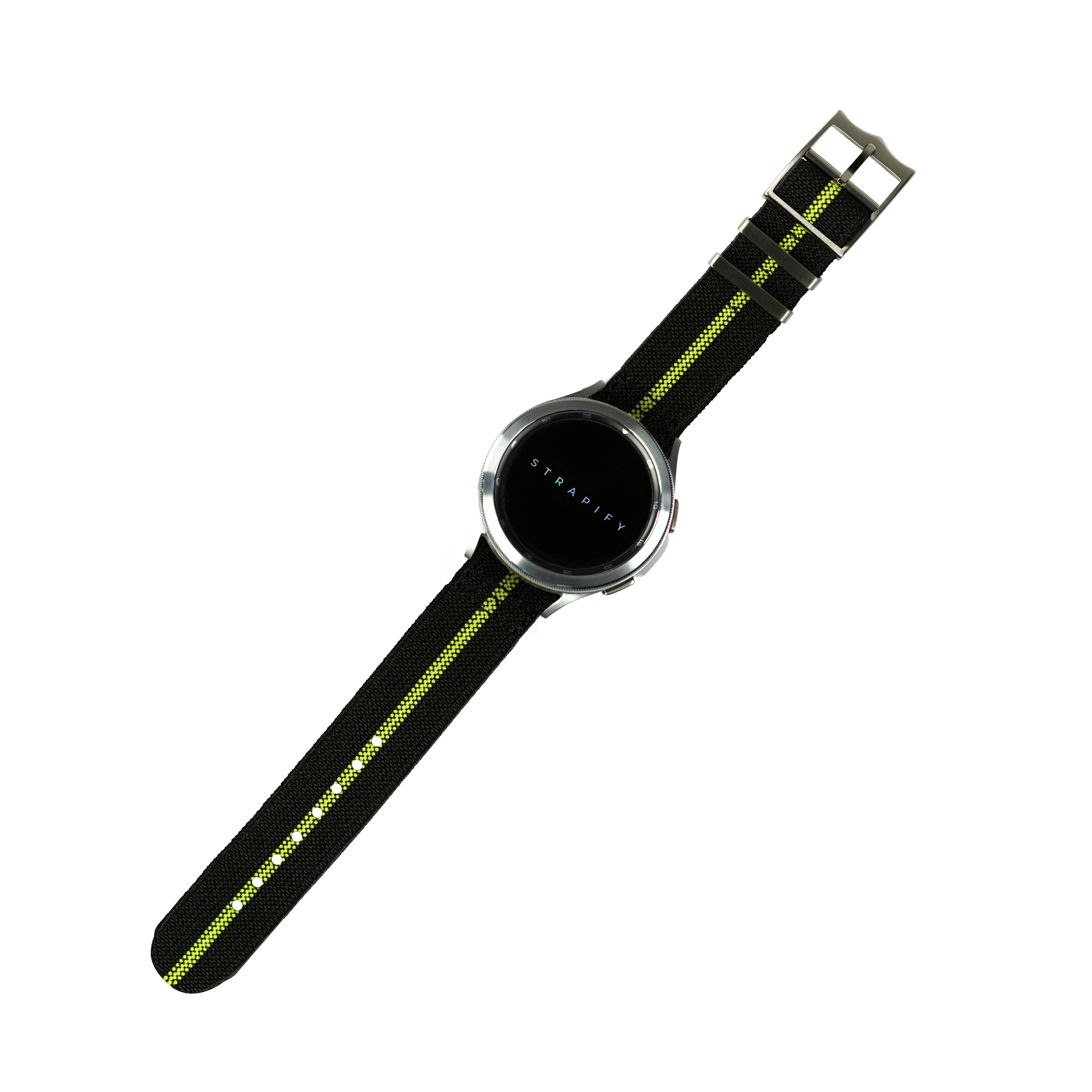 Stradify ElastoFlex smartwatch band 26mm black with fluorescent green stripe and quick-fit buckle closure