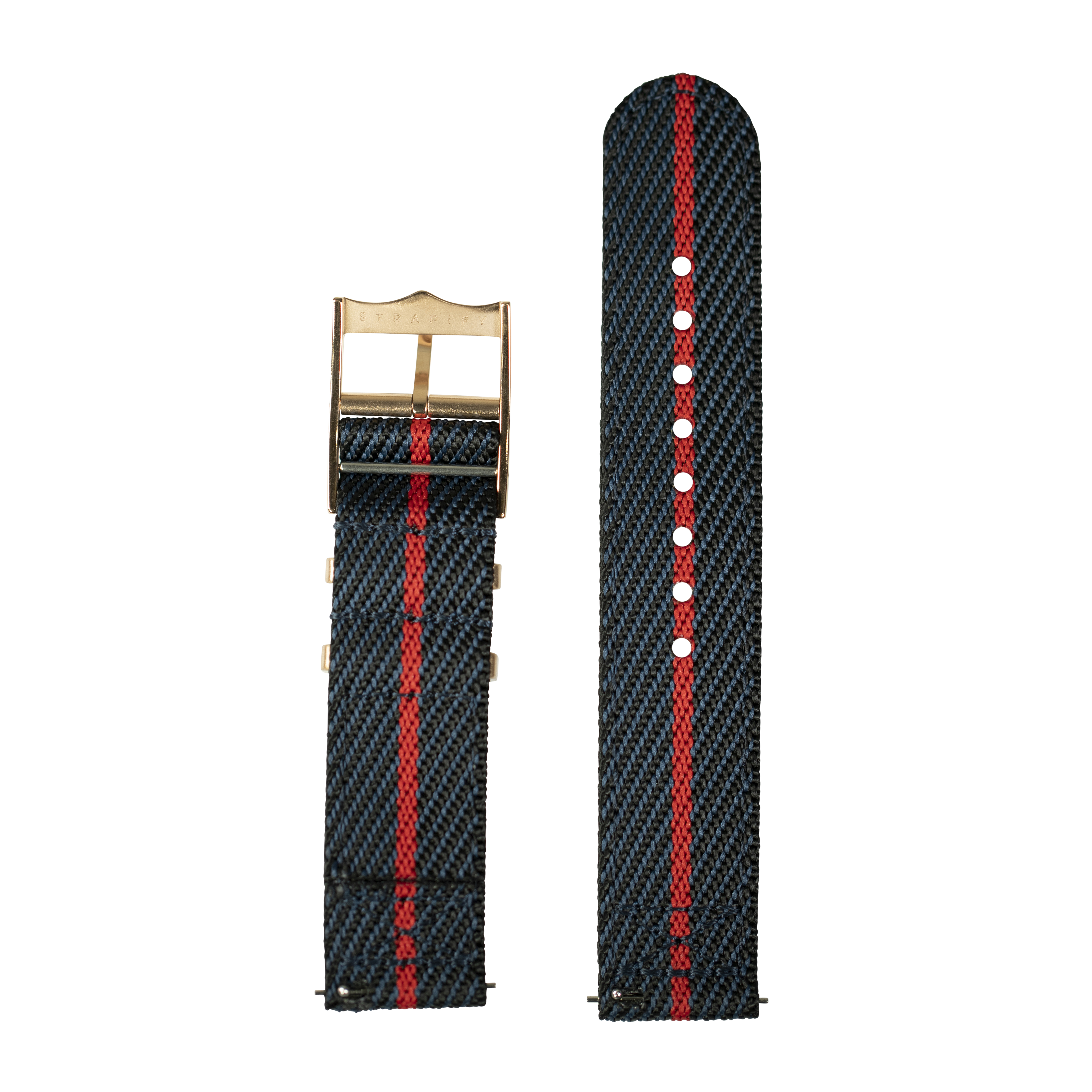 Navy blue and red woven military stripe watch band with rose gold buckle hardware for Fitbit Versa and Sense smartwatch