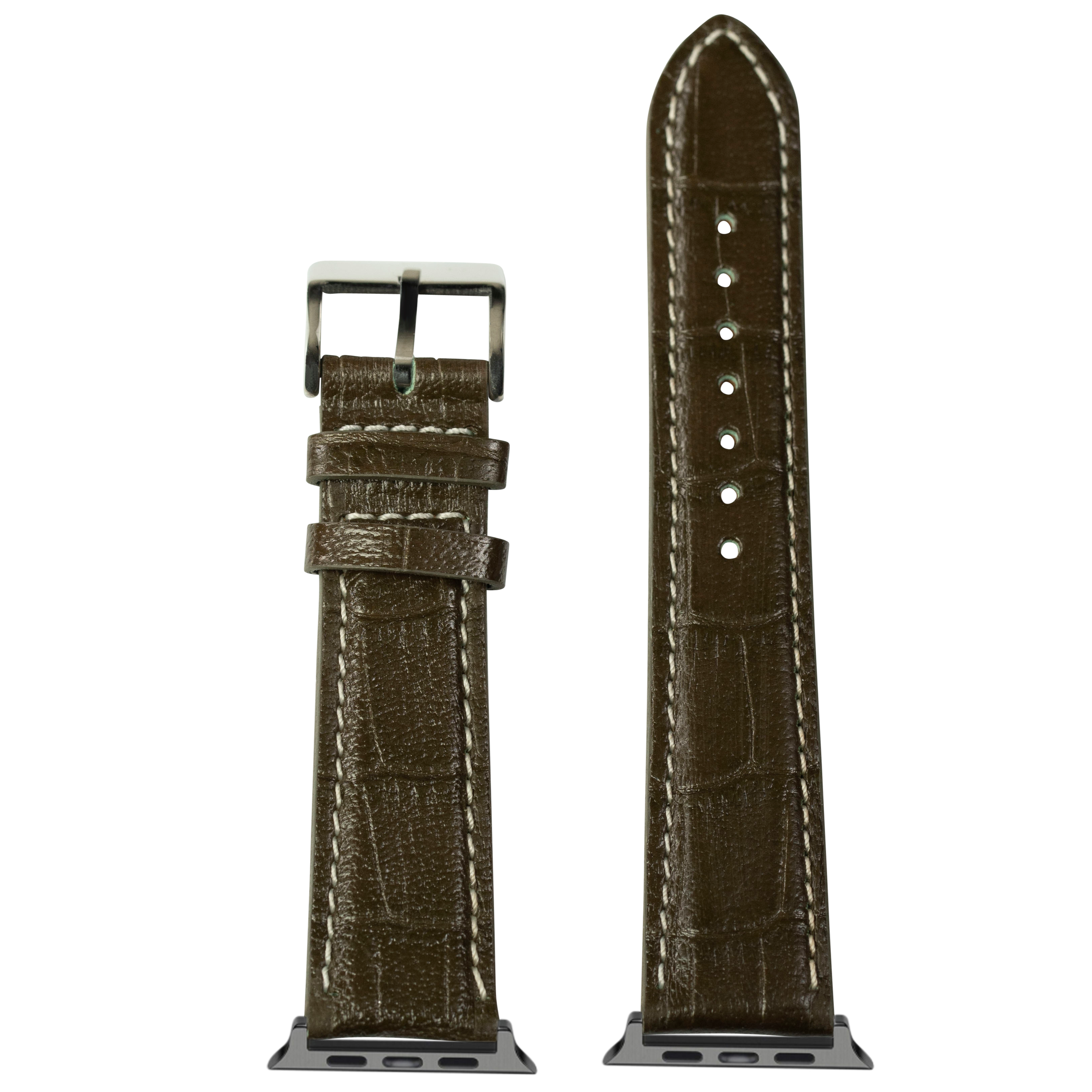 Olive green alligator leather watch band with contrast white stitching and stainless steel buckle for Apple Watch