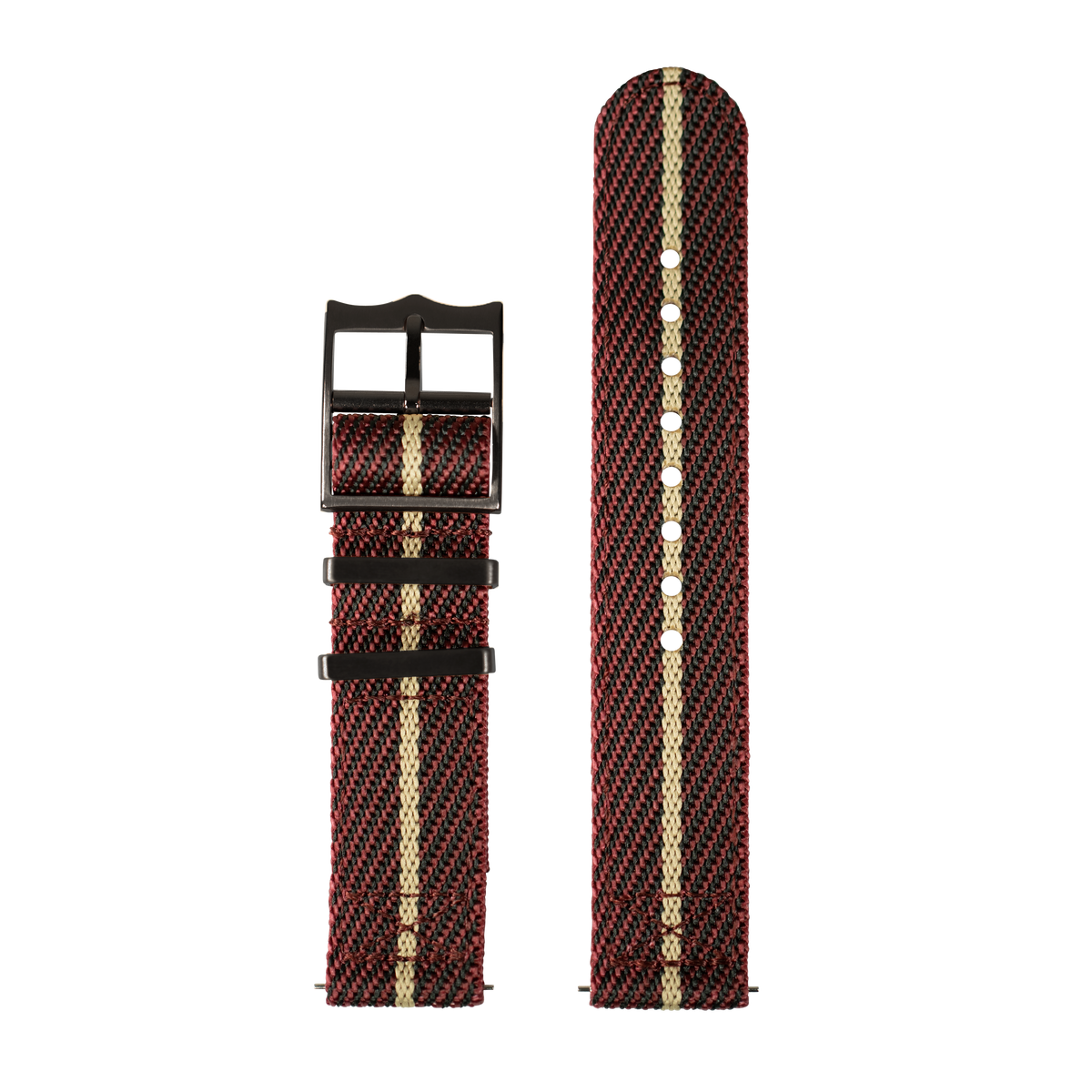 Red and cream woven fabric watch band with black hardware and adjustable straps for Fitbit Versa and Sense smartwatches