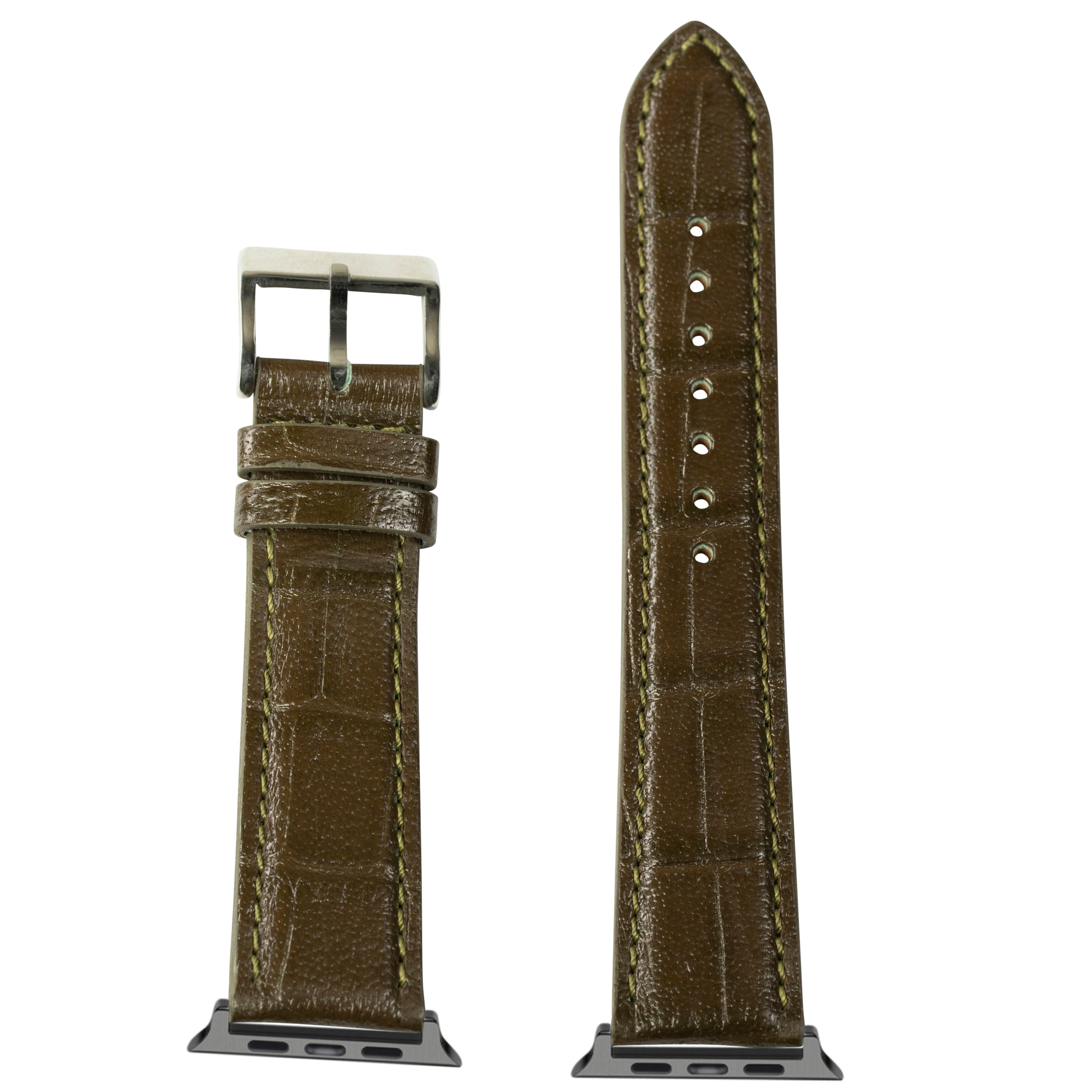 Olive green alligator leather Apple Watch band with silver buckle, showing front and back views with contrast stitching