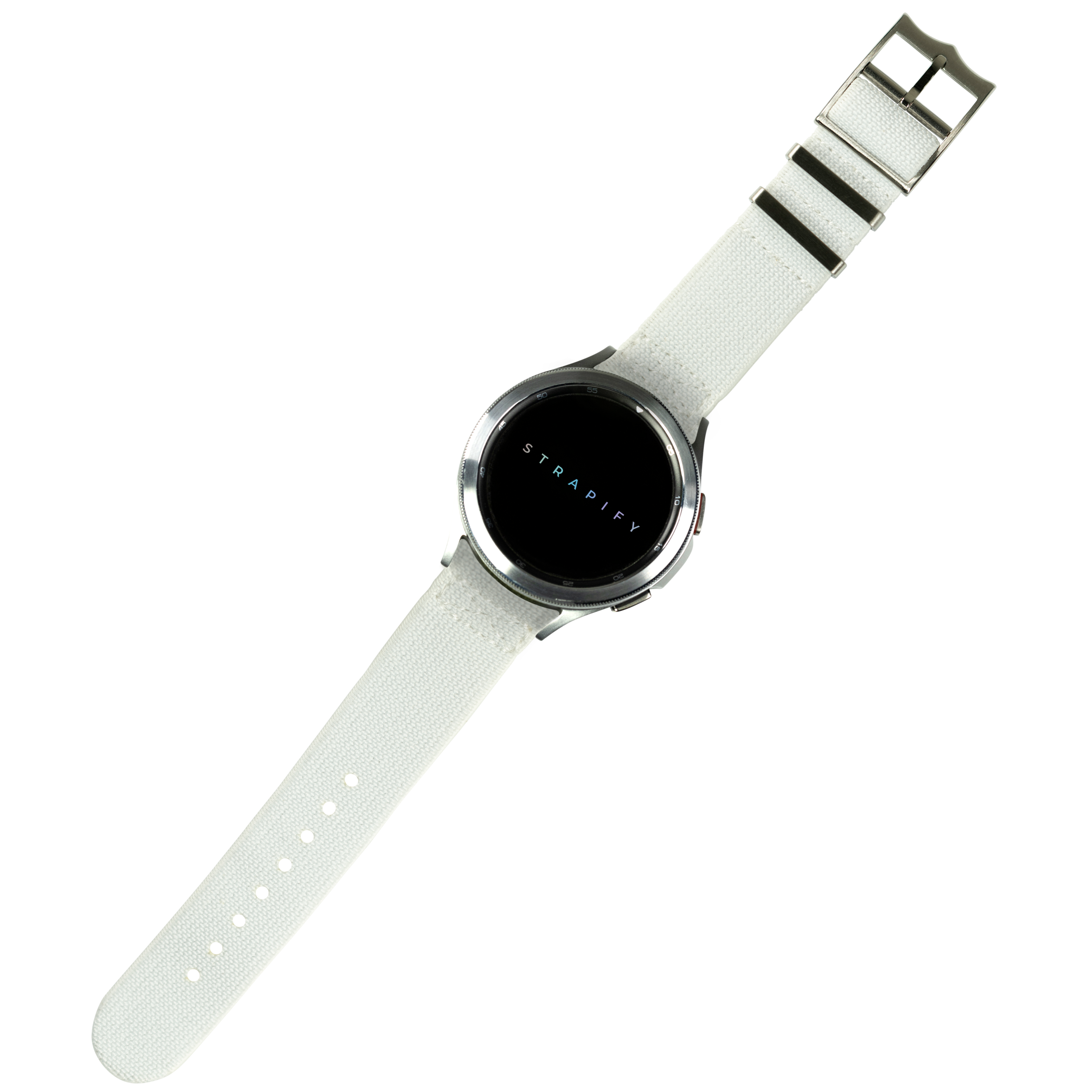 Stradify smartwatch with white elasticated fabric band and metal buckle on black digital display