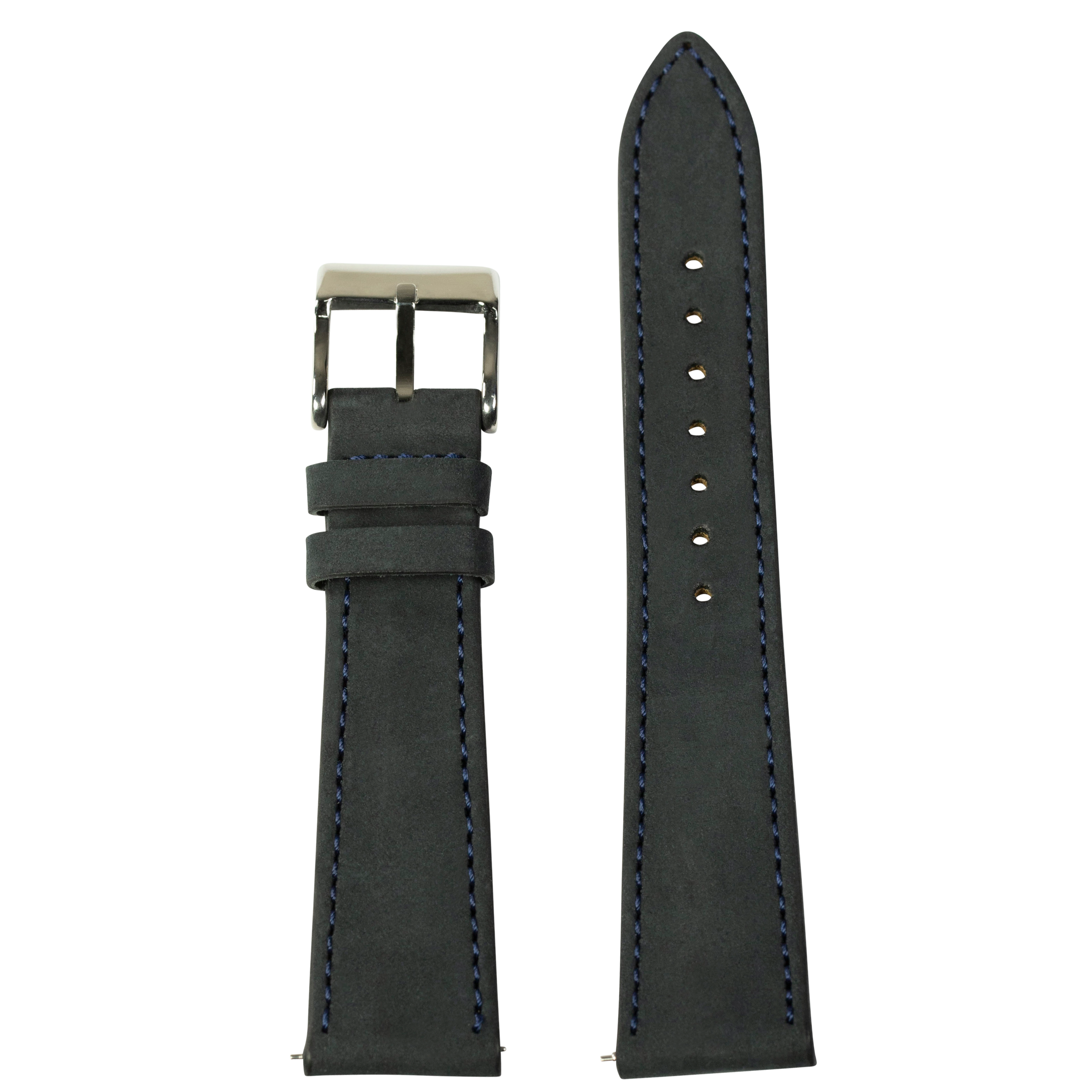 Black nubuck leather watch strap 22mm with navy blue stitching and stainless steel buckle
