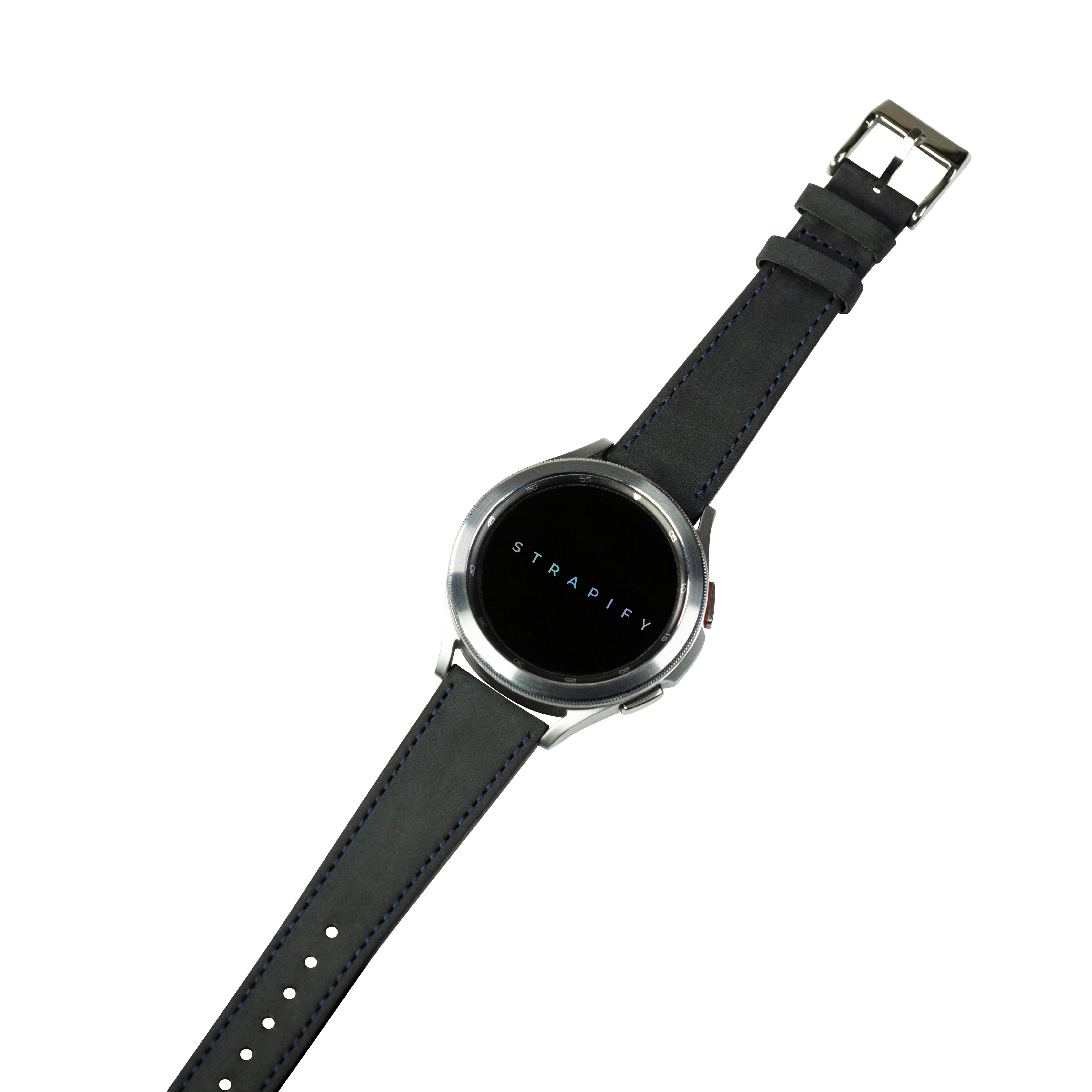 Black nubuck leather smartwatch band with navy blue stitching and silver buckle for Fitbit Versa and Sense models