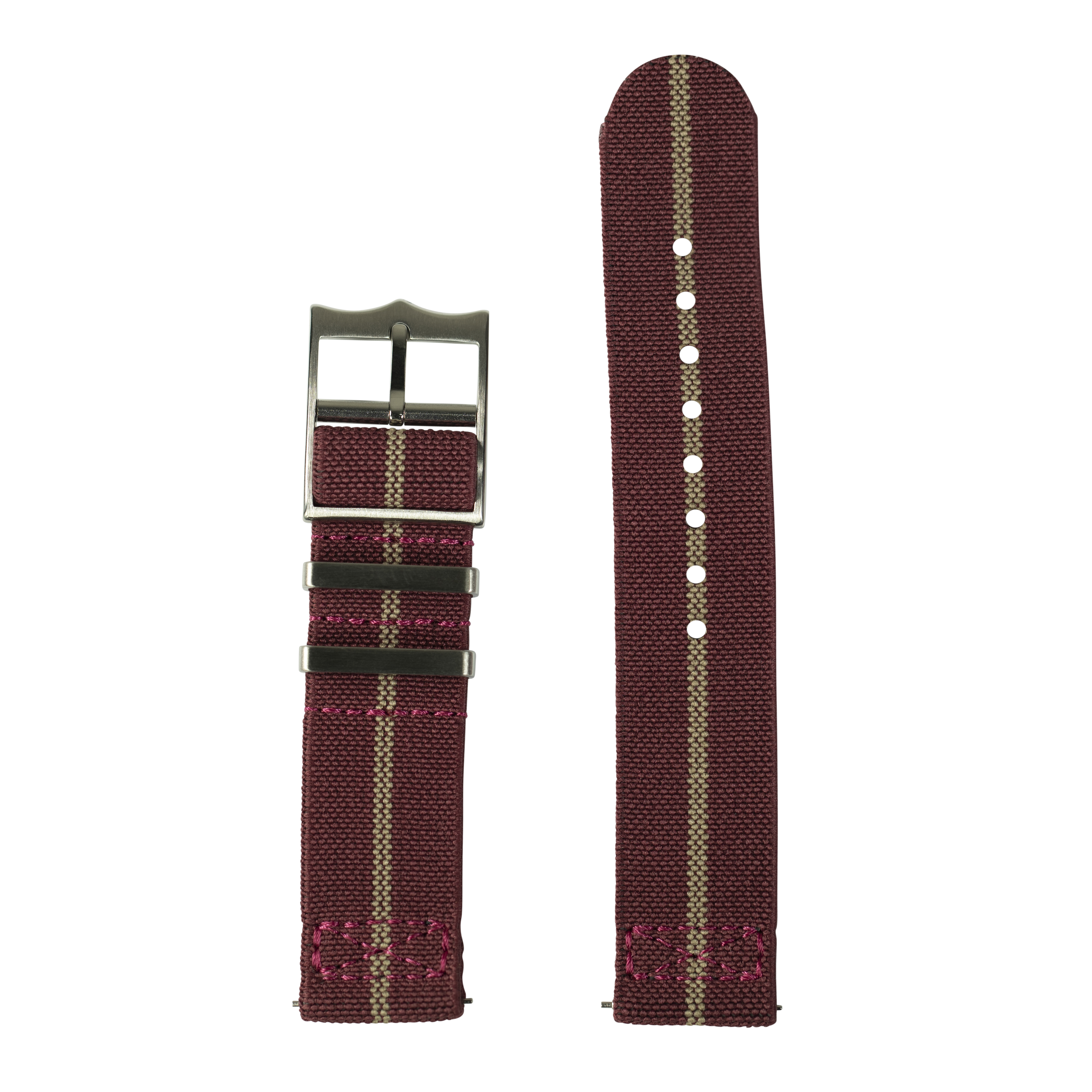 Maroon and wheat striped fabric watch band with quick-fit buckle, 22mm width, shown assembled and unassembled