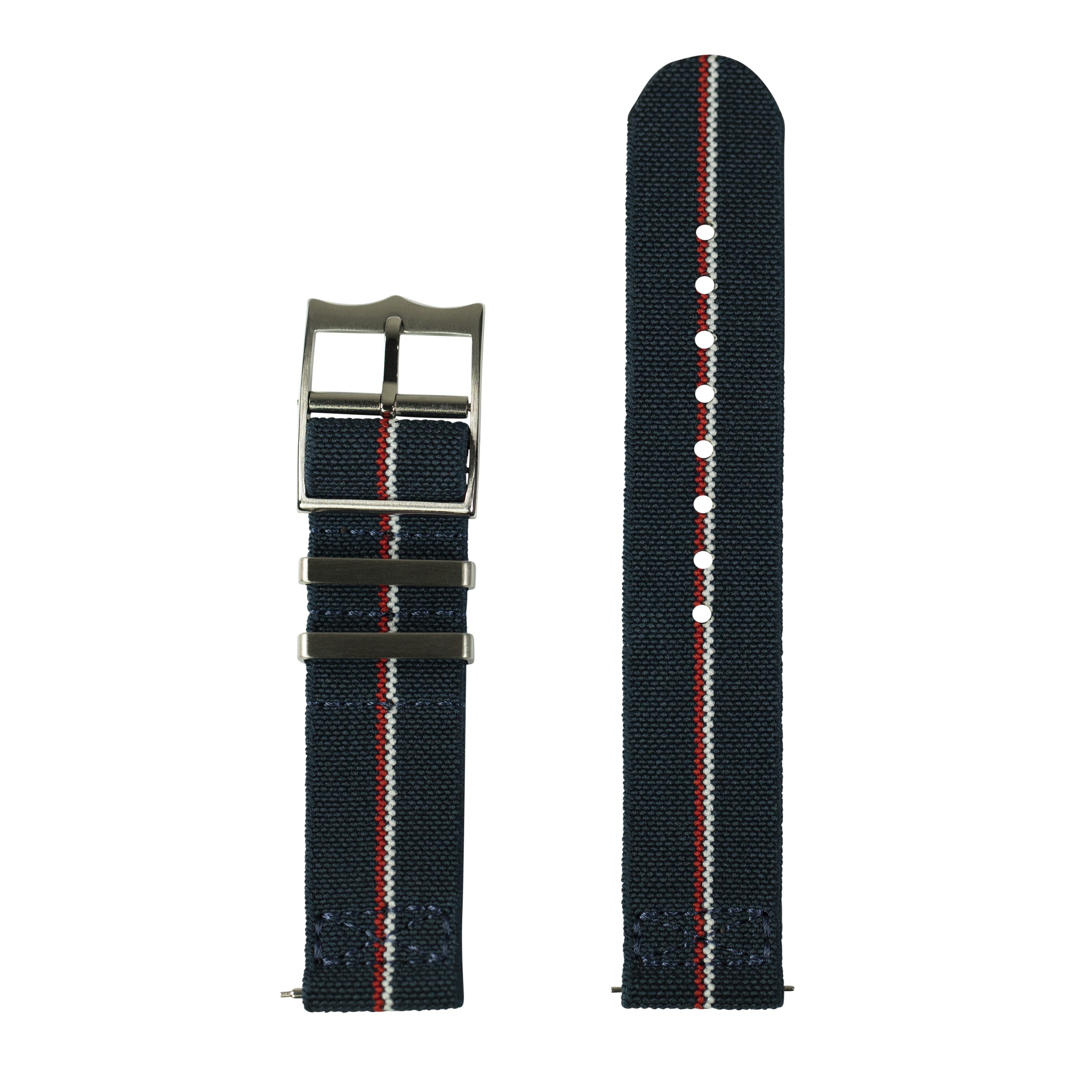 QuickFit ElastoFlex 22mm watch band with black fabric, red and white stripe, metal buckle and loop fasteners