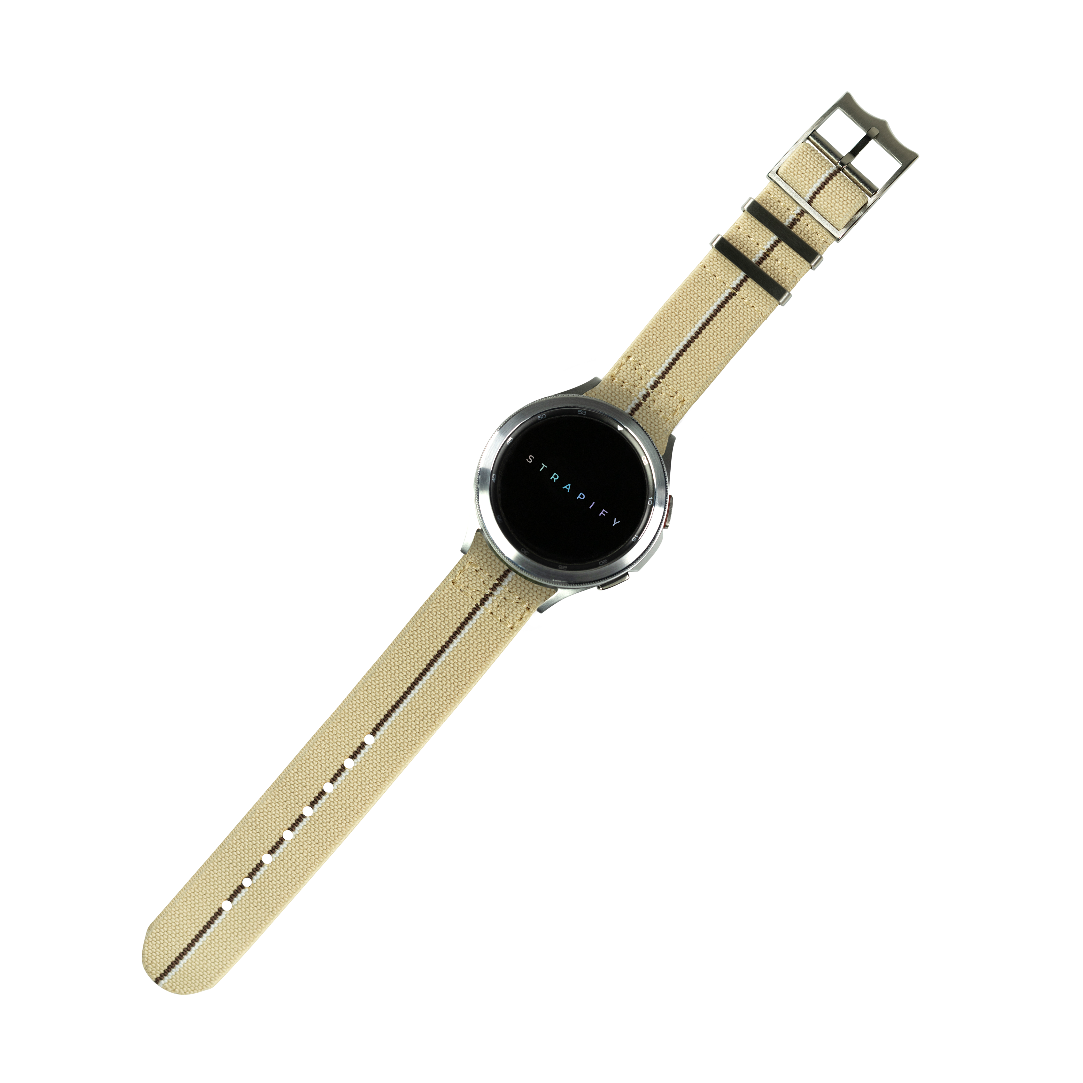 Stradify smartwatch with desert sand canvas strap and black digital display face shown at angle