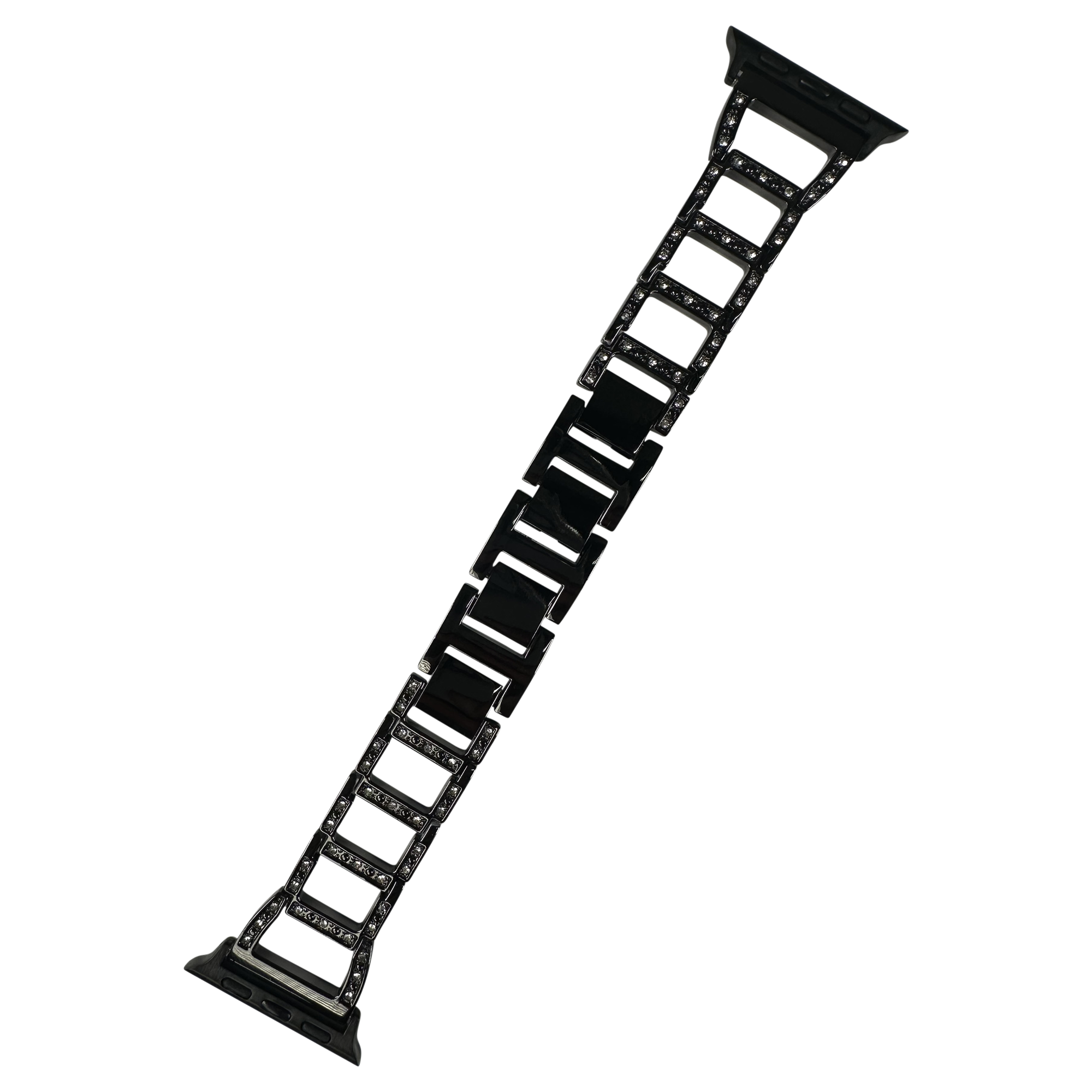 Black stainless steel link bracelet with shimmer finish and rectangular links for Apple Watch