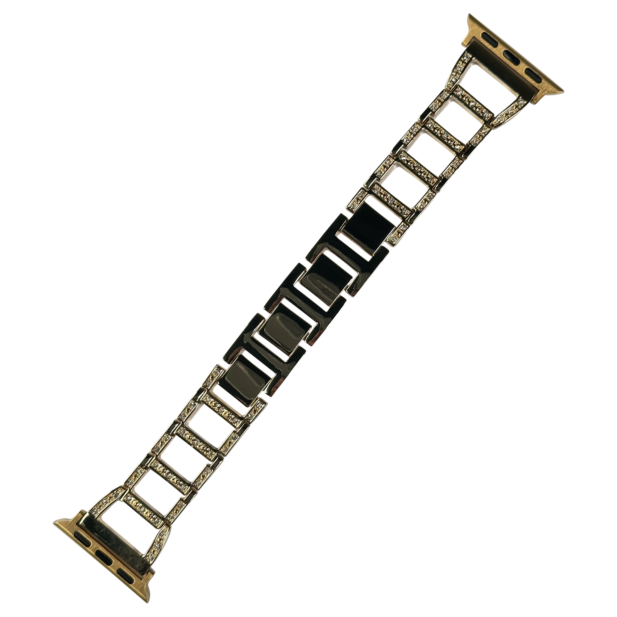 Gold and black crystal-embellished link bracelet for Apple Watch with shimmer accents and adjustable clasp