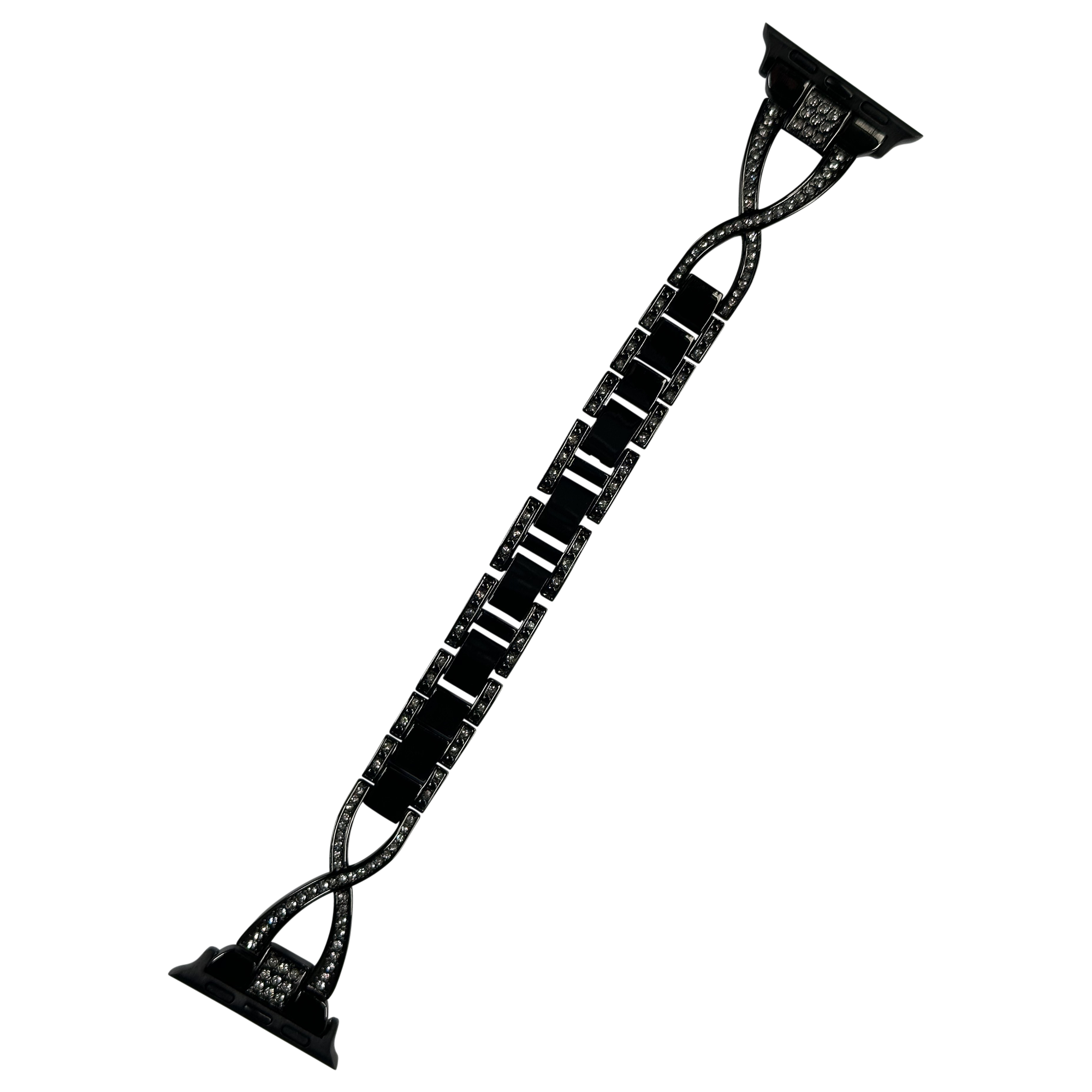 Black stainless steel link bracelet for Apple Watch with diamond shimmer design and adjustable sizing links