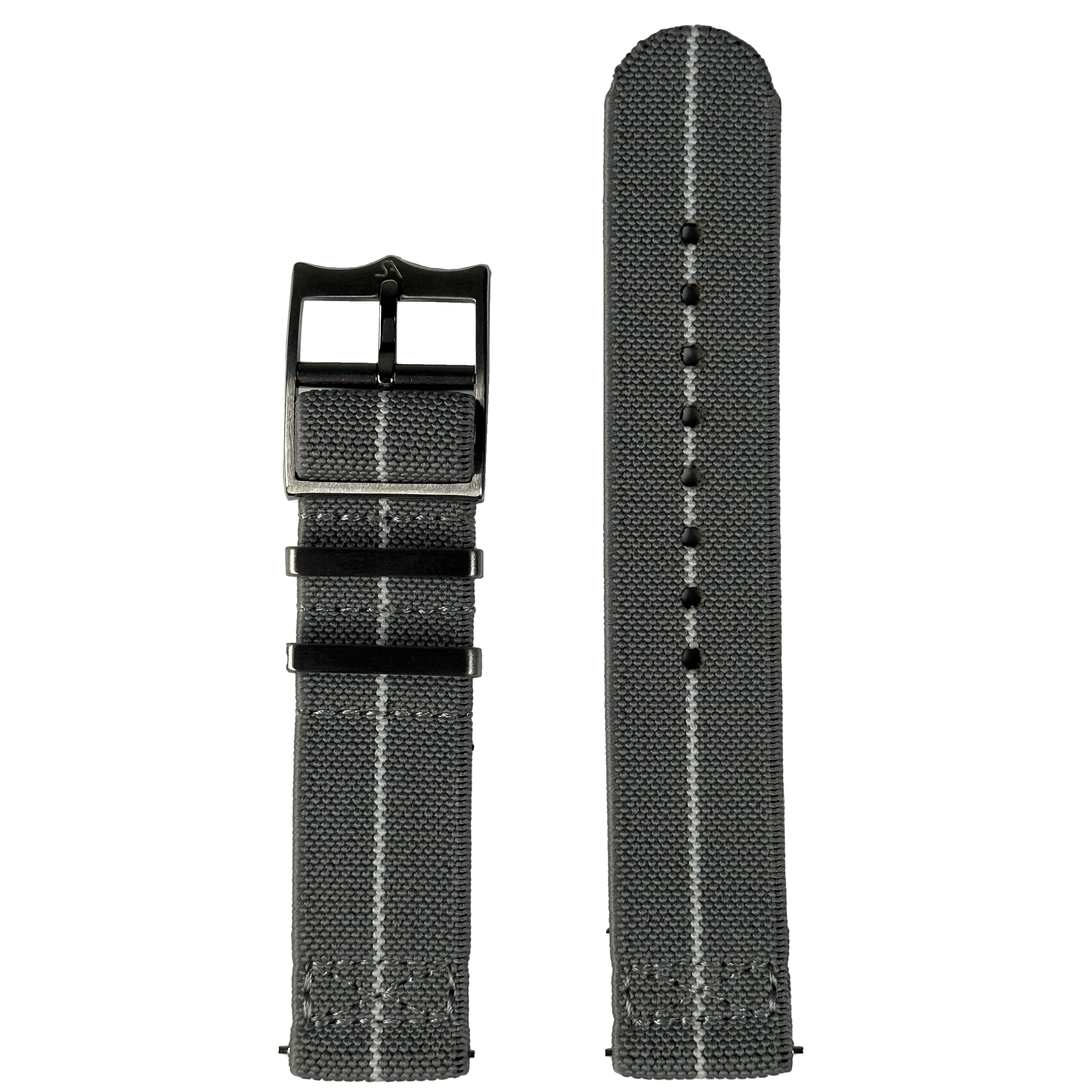Grey fabric watch band with white stitching, black buckle and metal keepers, QuickFit ElastoFlex 22mm replacement strap