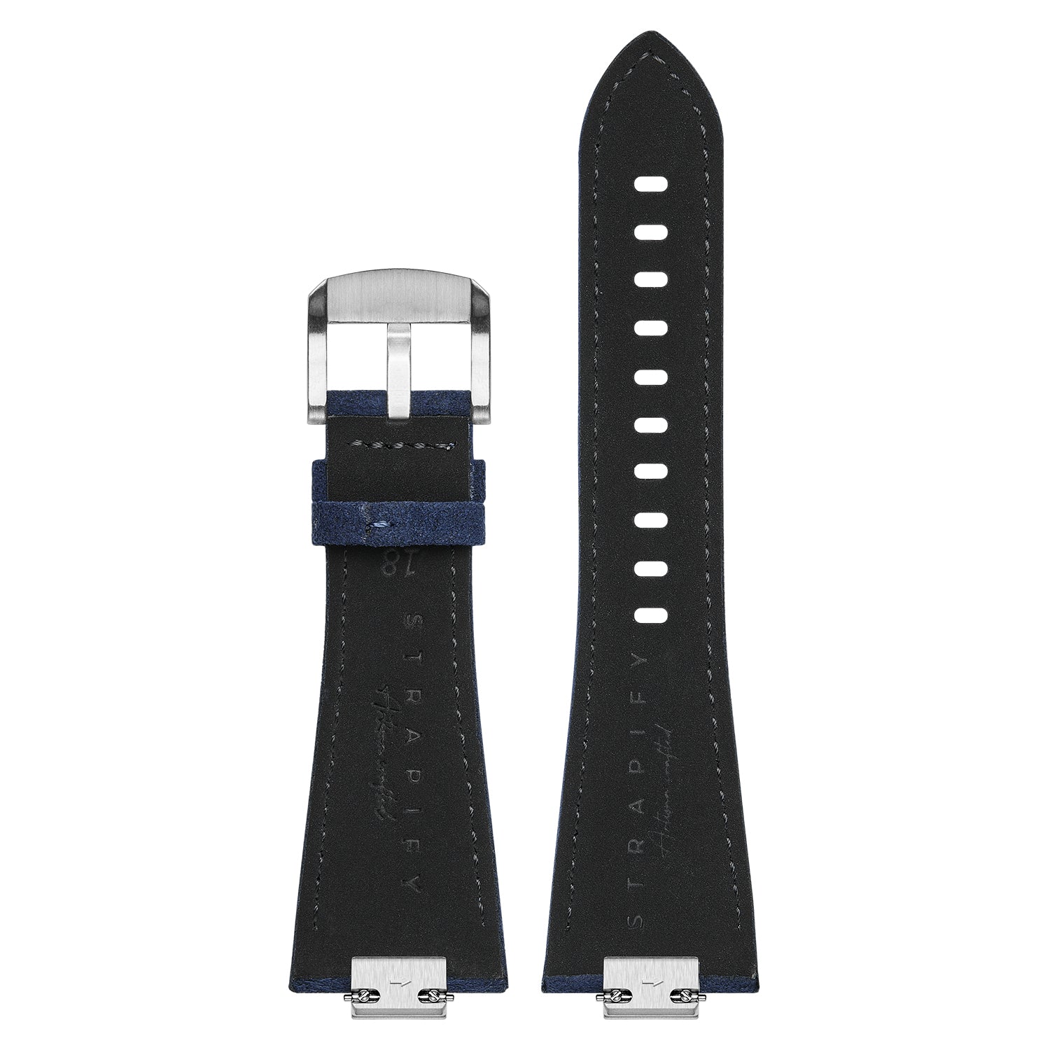 Black leather watch strap with navy blue Alcantara accent band and white stitching for Tissot PRX 40
