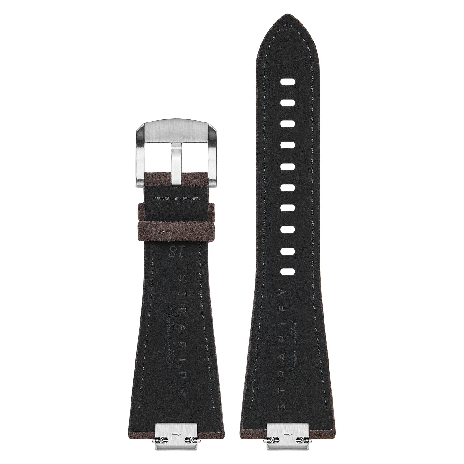 Tissot PRX dark brown Alcantara leather watch strap with white stitching and stainless steel buckle