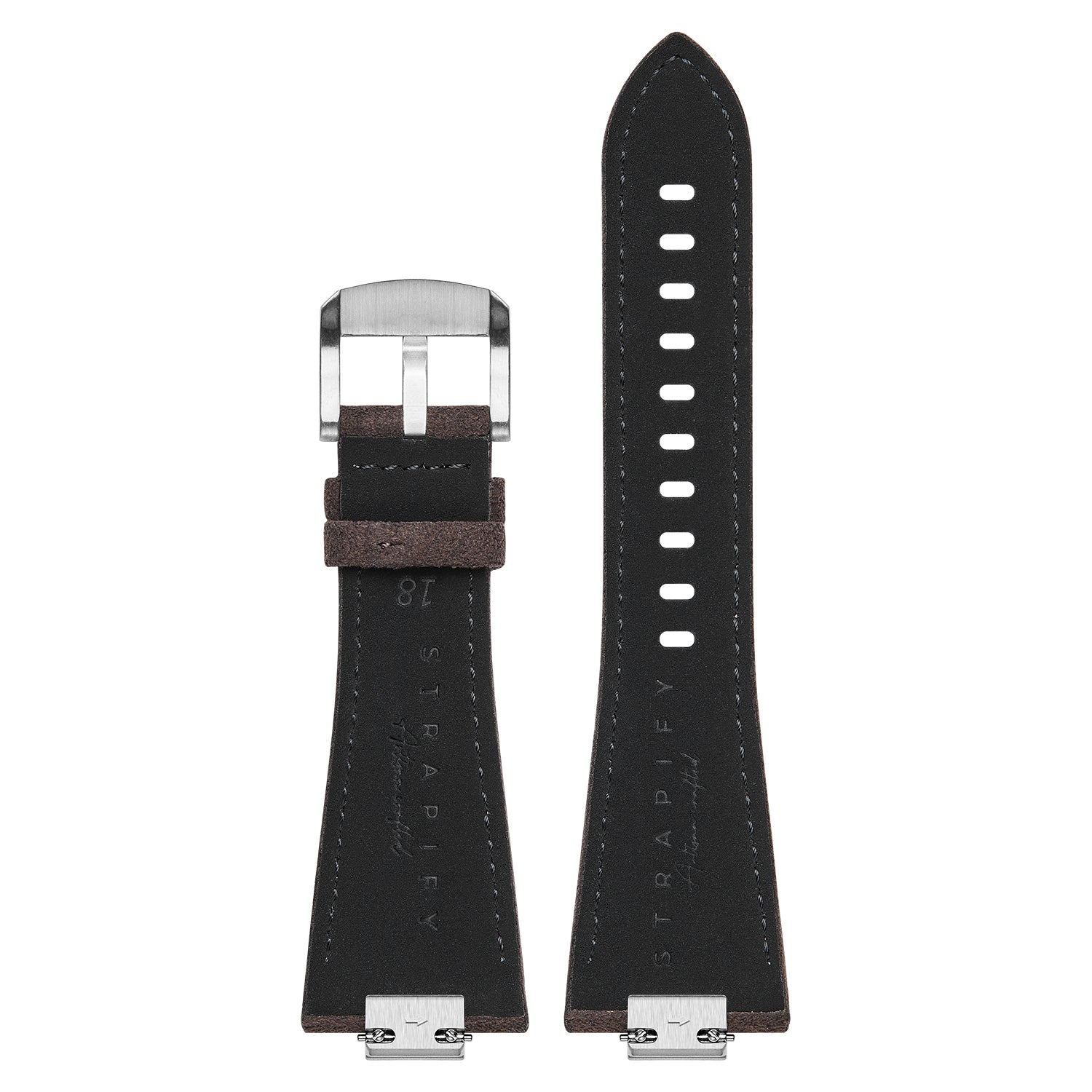 Black and brown suede leather watch strap with white stitching and stainless steel buckle for Tissot PRX 40mm watch