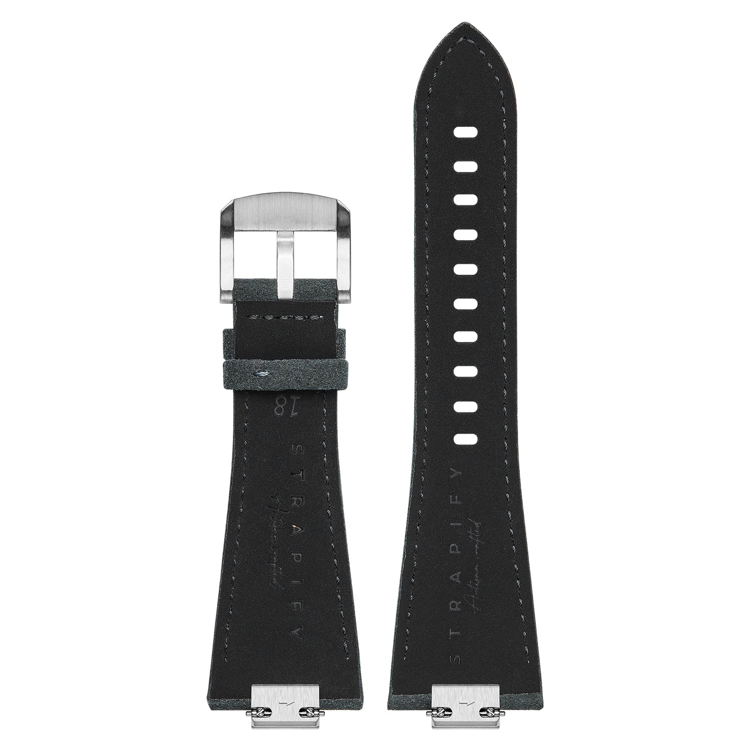 Black suede watch band with white stitching, stainless steel buckle and connector lugs for Tissot PRX timepiece