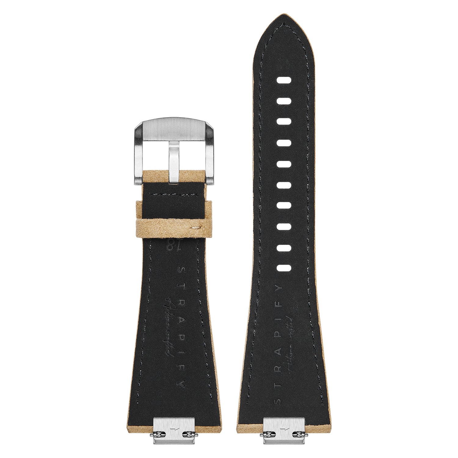 Black leather watch strap with tan suede trim, white stitching, and stainless steel buckle for Tissot PRX 40 timepiece