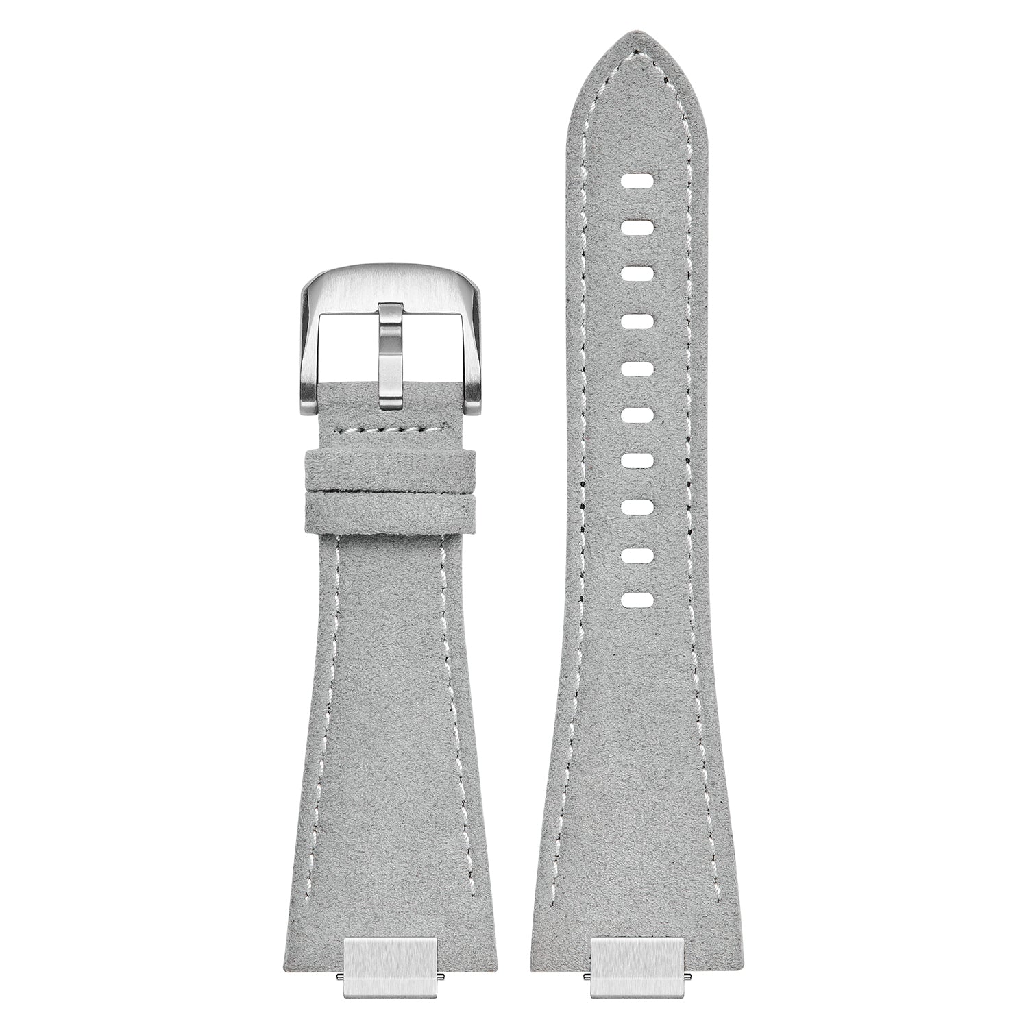 Grey Alcantara leather watch strap with white stitching, silver buckle, and adjustment holes for Tissot PRX 40mm timepiece