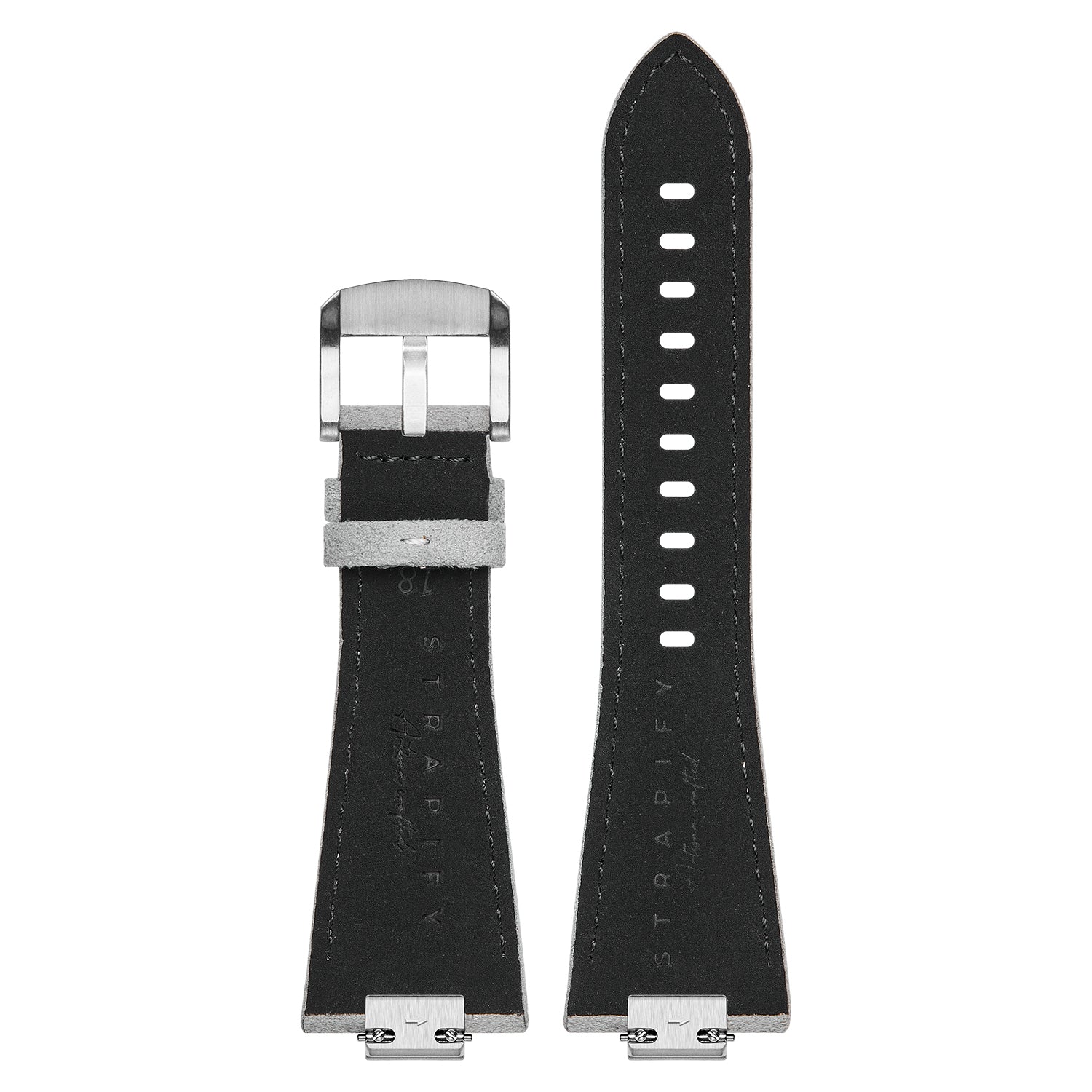 Black Alcantara leather watch strap with white stitching and stainless steel buckle for Tissot PRX 40