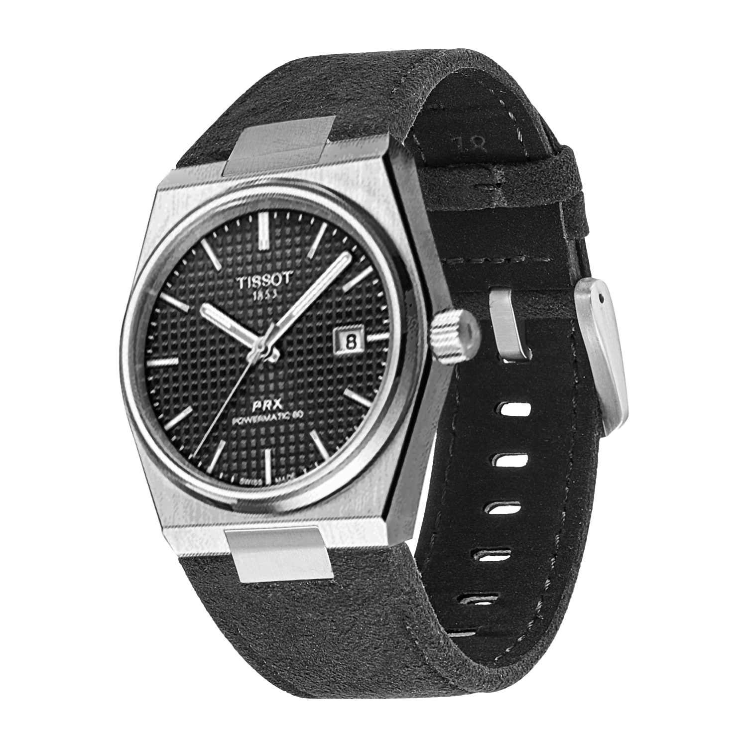 Tissot PRX automatic watch with black textured dial, stainless steel case, and black Alcantara leather strap with date window