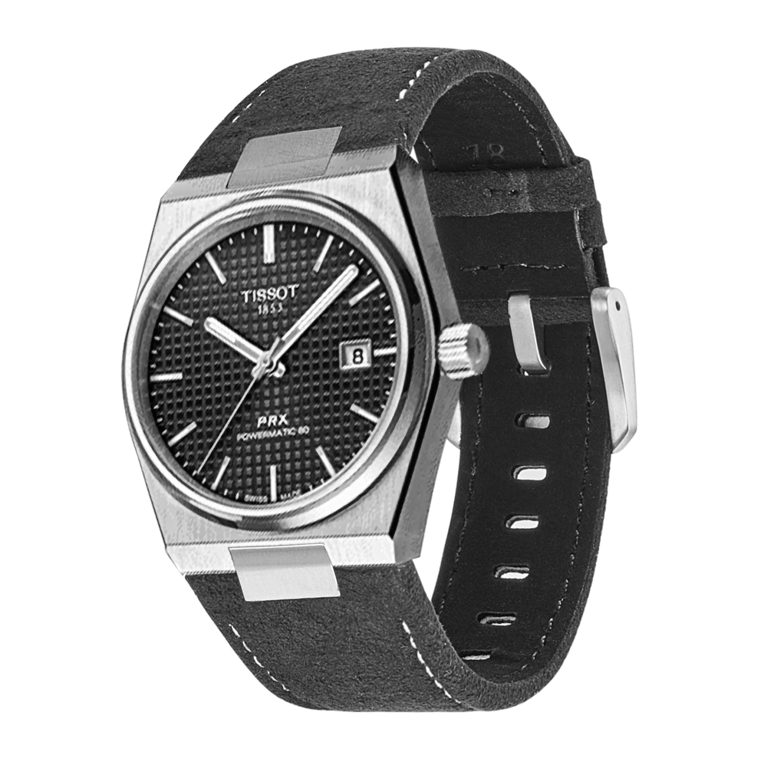 Tissot PRX stainless steel watch with black textured dial, date window, and black Alcantara leather strap with white stitching