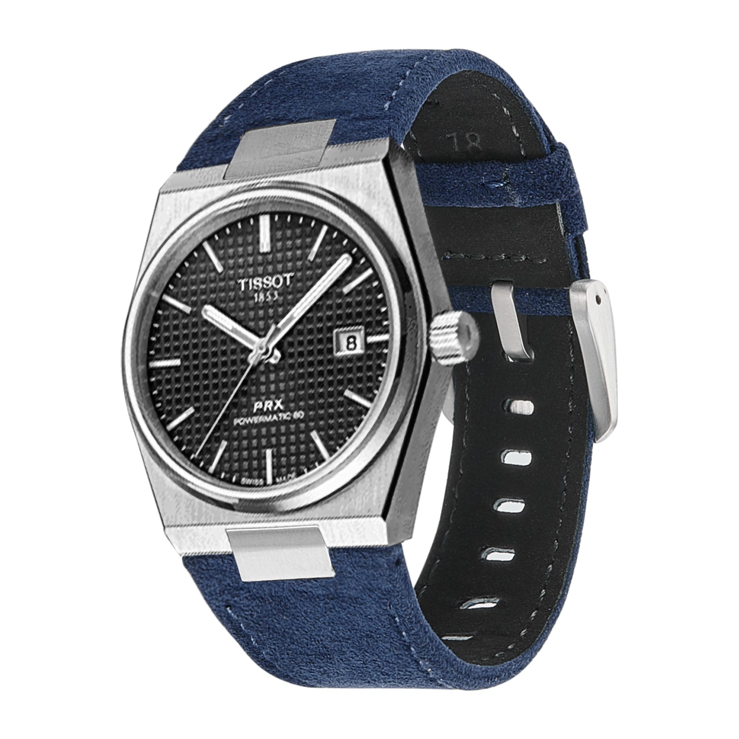 Tissot PRX 40 stainless steel watch with black dial, date window, and navy blue Alcantara leather strap