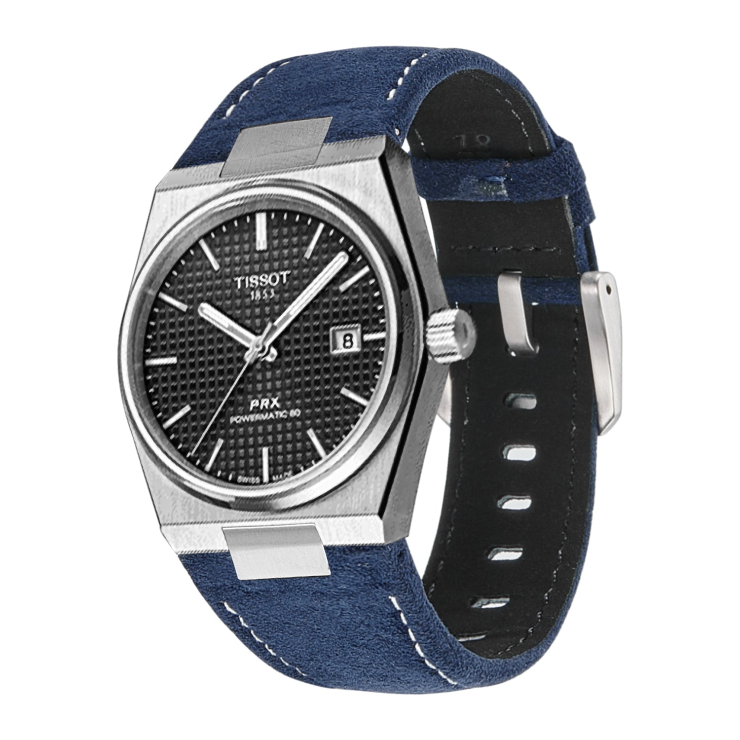 Tissot PRX automatic watch with black dial, stainless steel case, and navy blue Alcantara leather strap with white stitching