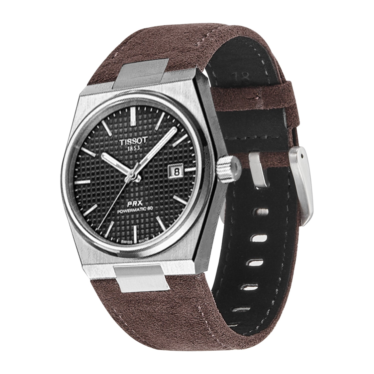 Tissot PRX stainless steel watch with black dial and dark brown Alcantara leather strap