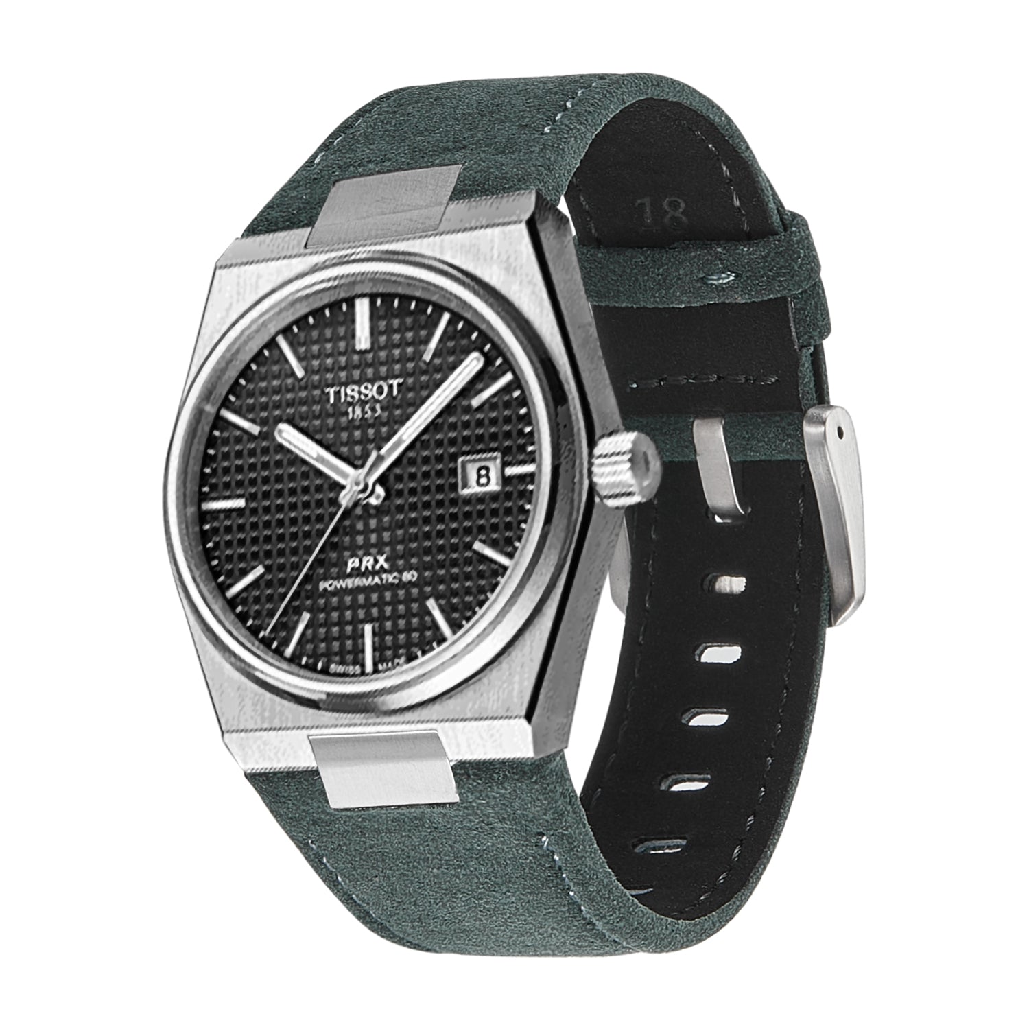 Tissot PRX automatic watch with stainless steel case, black dial, and dark green Alcantara leather strap