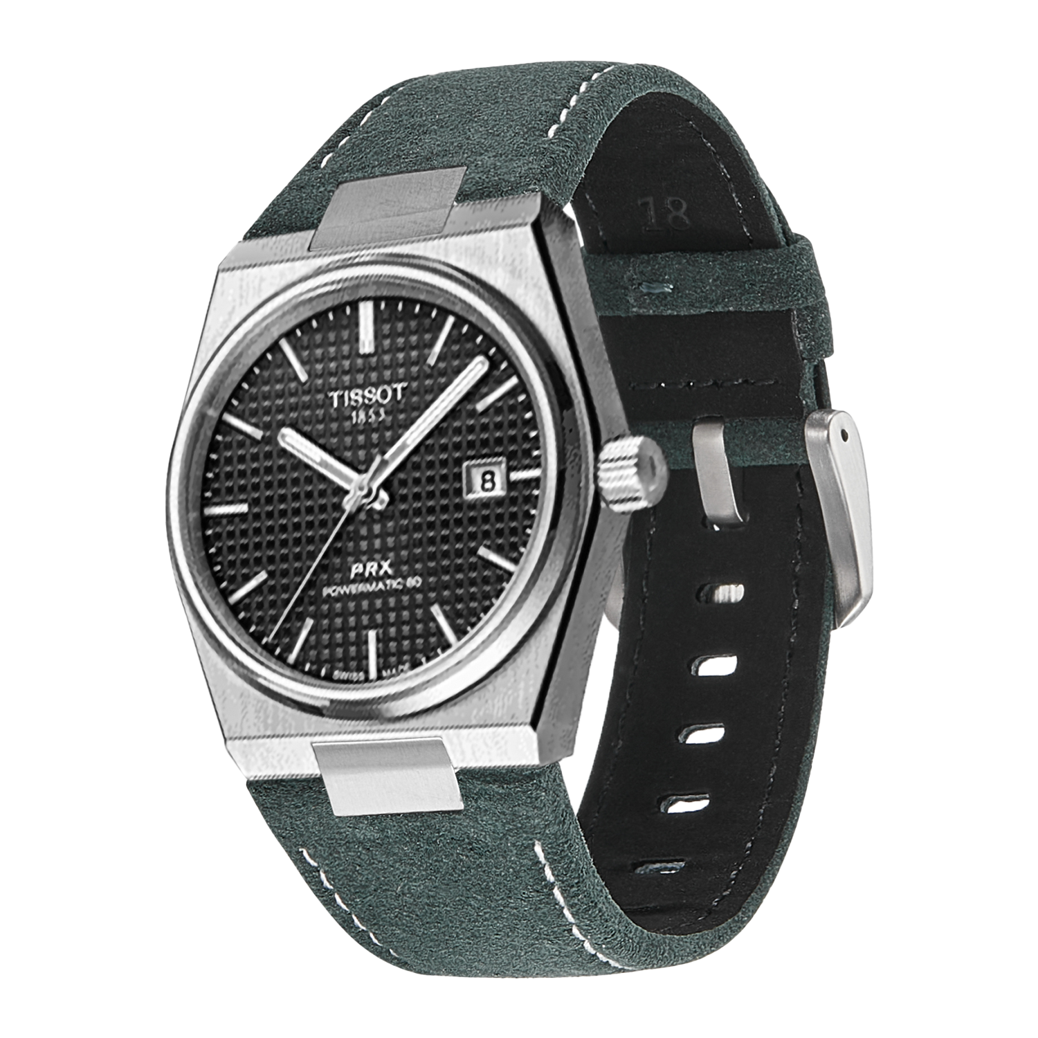 Tissot PRX Powermatic 80 stainless steel watch with dark green Alcantara leather strap and white stitching