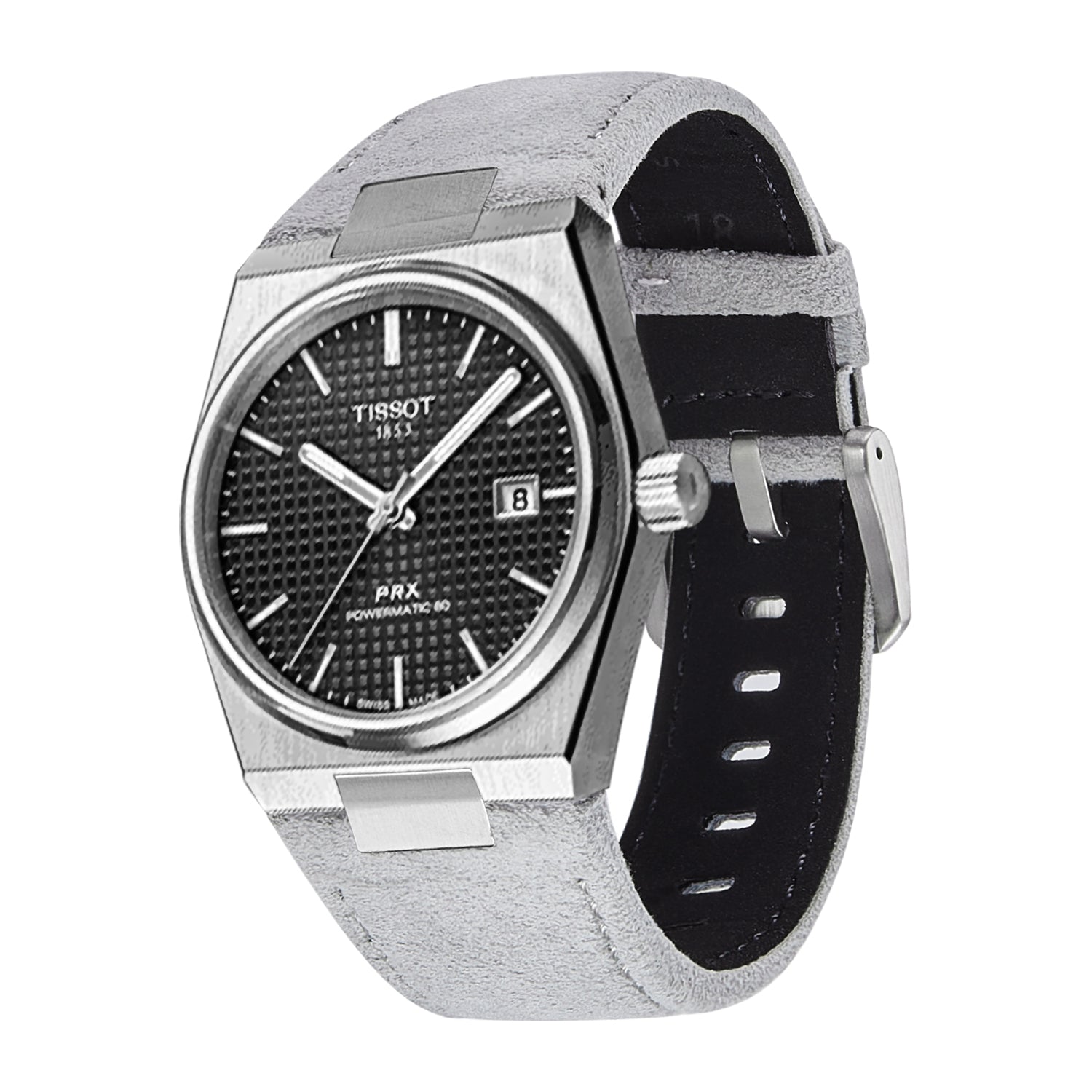 Tissot PRX automatic watch with black dial and grey Alcantara leather strap, date window visible