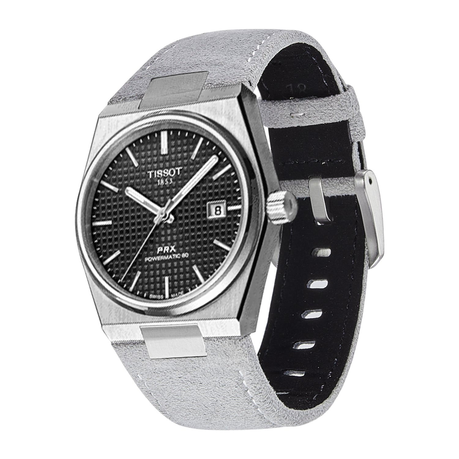Tissot PRX automatic watch with stainless steel case, black dial, and grey Alcantara leather strap with white stitching