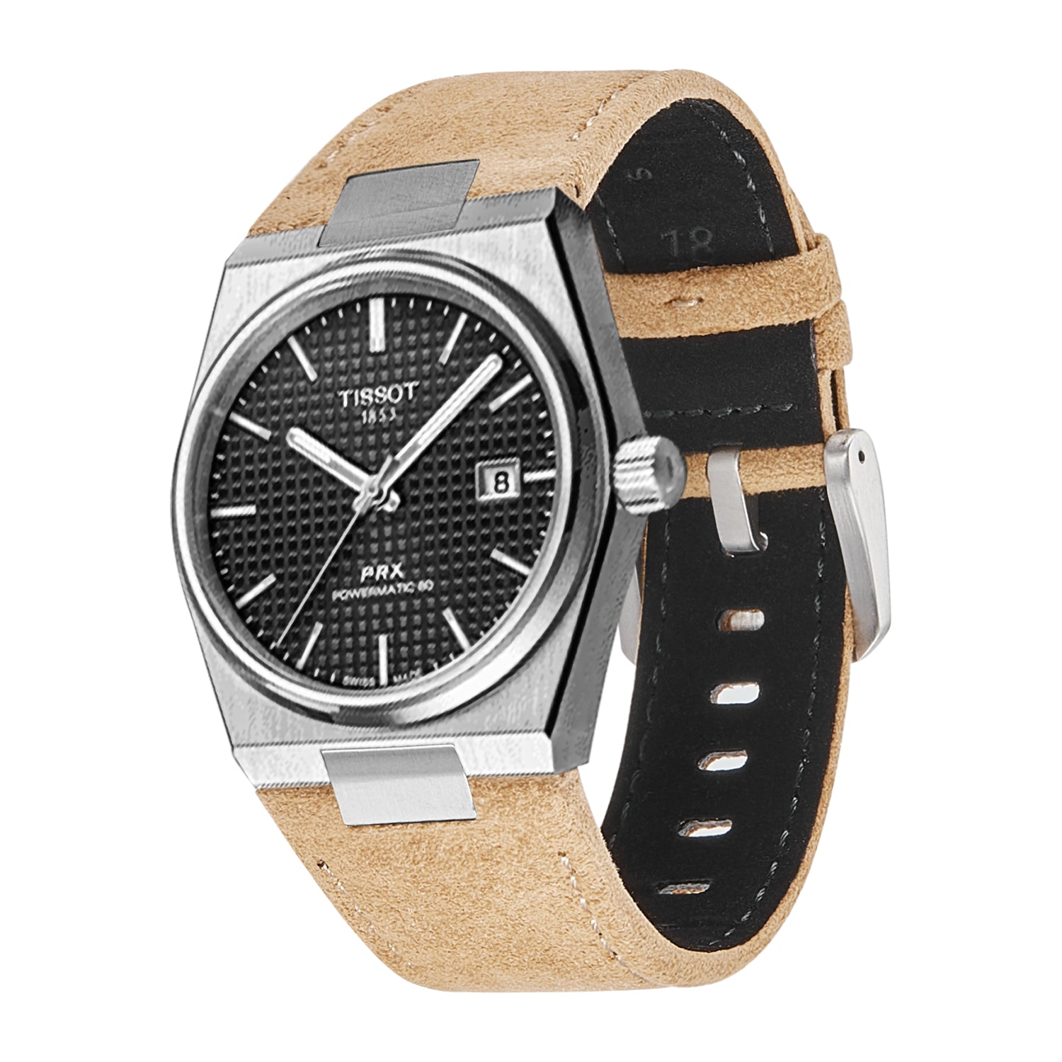 Tissot PRX 40mm automatic watch with black dial and beige suede leather strap